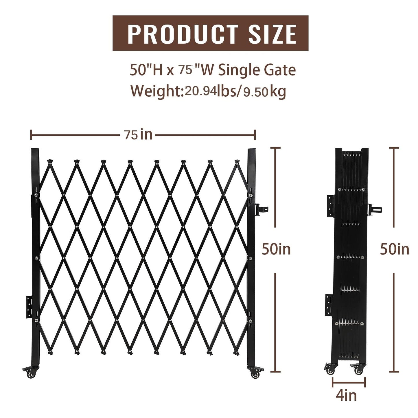Single Folding Security Door, 50" H x 67" W Portable Flexible Expandable Fence Gate, Steel Accordion Security Gate with 360°Rolling Wheel - Ideal for Courtyards, Garages, Gardens
