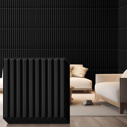 Nuanchu 32 Pcs 3D Wall Panels for Interior Wall Decor, 12''x12'' Fluted Textured Black Accent Tiles Waterproof Paintable for Living Room TV Background Bedroom Bathroom Gaming Room, 32 Sq. ft Coverage