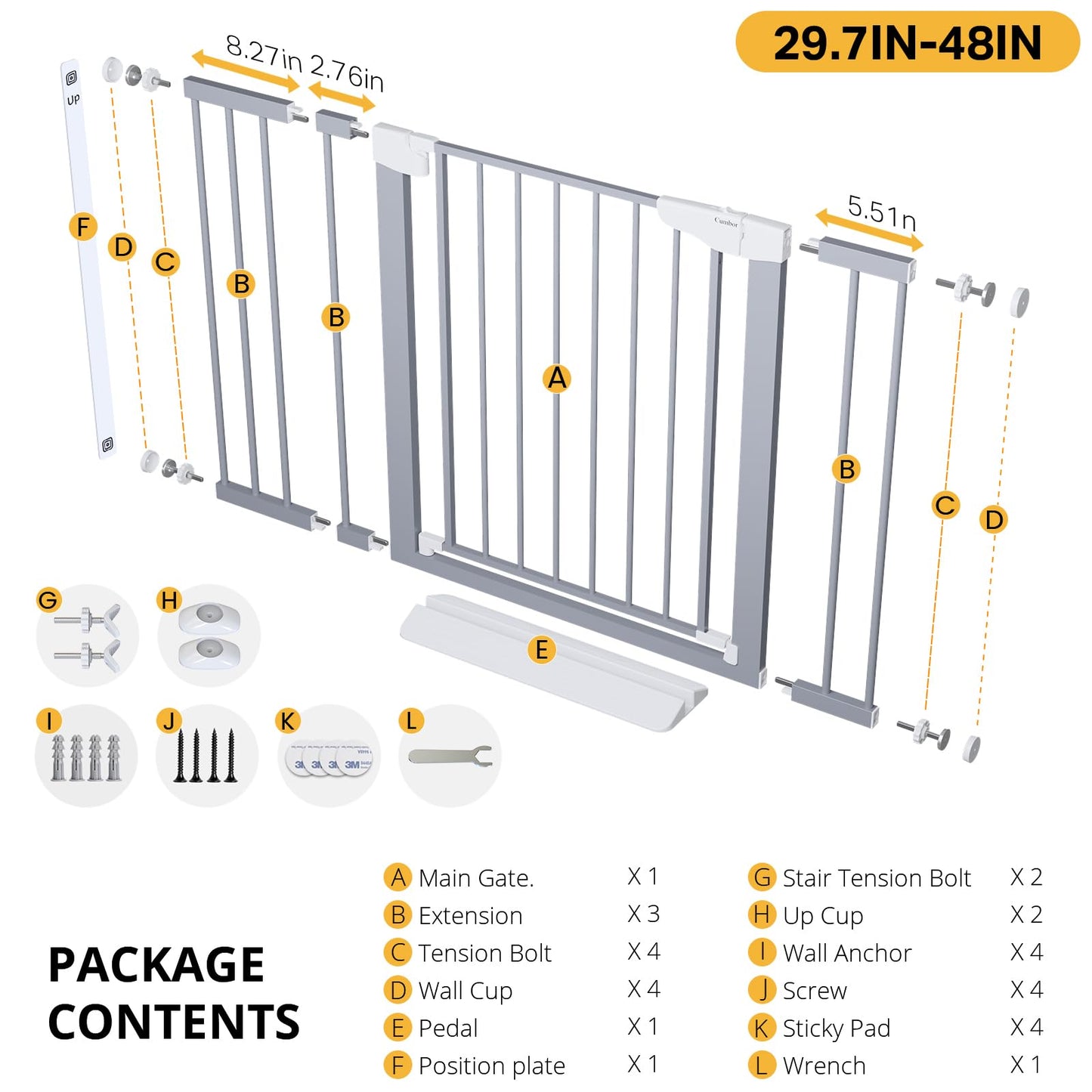 Cumbor 29.7-48" Baby Gate for Stairs, Mom's Choice Awards Winner-Dog Gates for Doorways, Auto Close Safety Pet Gate for Dogs Indoor, Easy Install Pressure Mounted Child Gate with Walk Thru Door, Gray