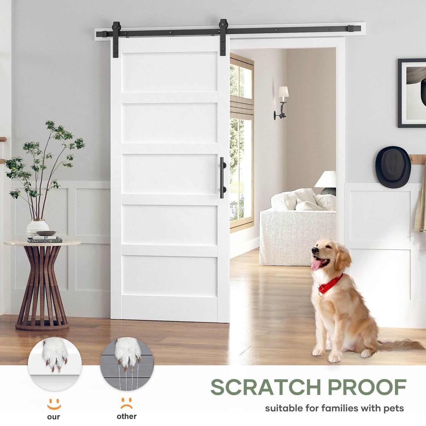 ROYMELO 36x84 Inch White Sliding Barn Door Slab with 6.6ft Hardware Kit Included, 5-Panel, MDF Wood Panel Covered with Water-Proof Scratch-Proof PVC Surface, Simple DIY Assembly