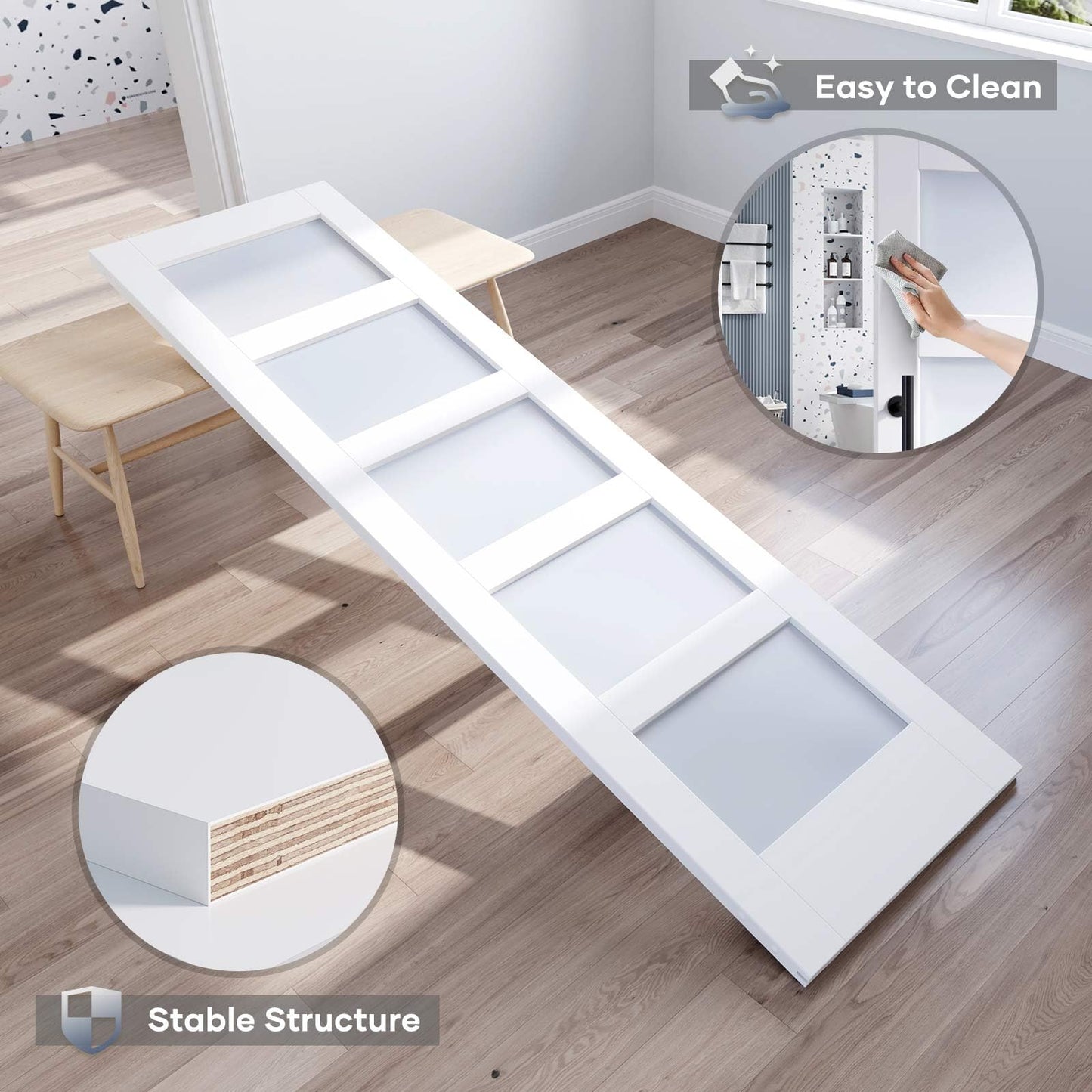 ROYMELO 32x80 Inch Glass Sliding Barn Door Slab and 5.5ft Hardware Kit Included, 5 Frosted Glass, LVL Wood Panel Covered with White Water-Proof Scratch-Proof PVC Surface, Simple DIY Assembly