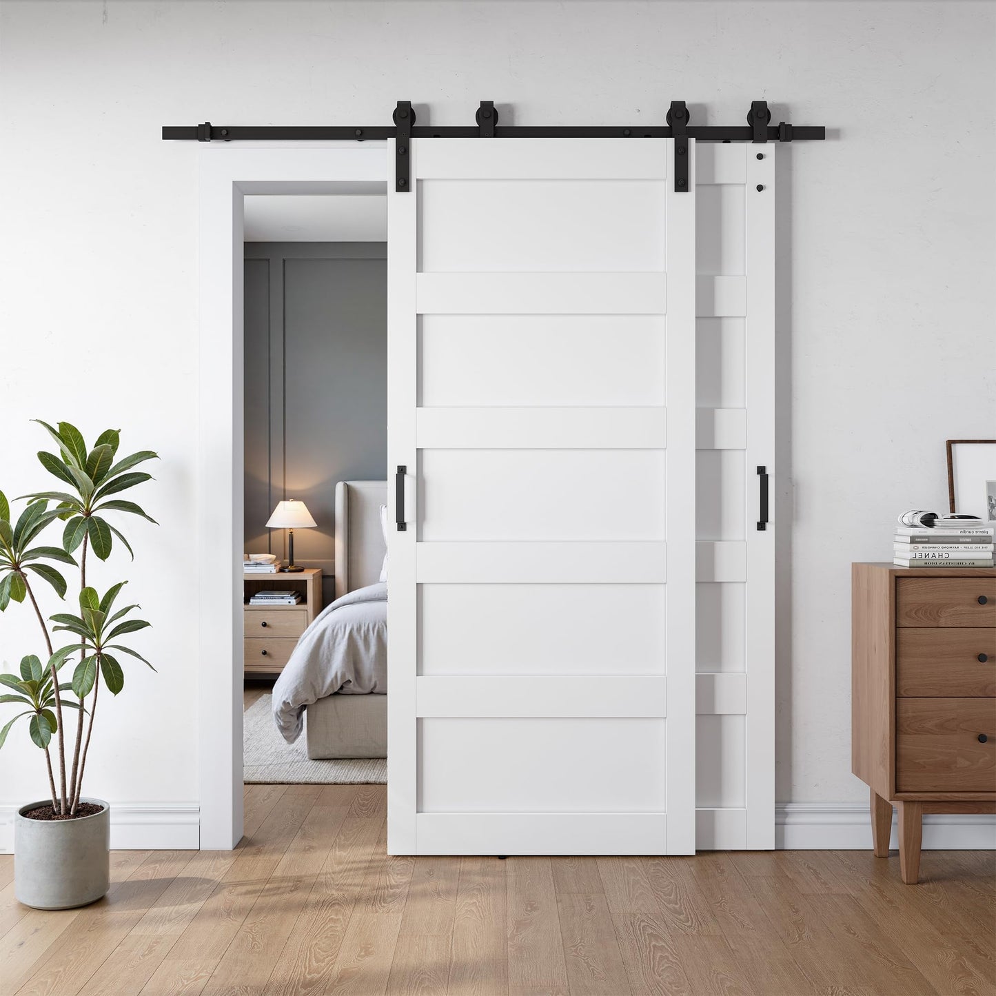 SmartStandard 36x84 Inch White Double Barn Door Set – 5-Panel MDF Sliding Doors with 6FT Bypass Barn Door Hardware Kit, Space-Saving Design, Easy Installation (Pre-Drilled Holes)