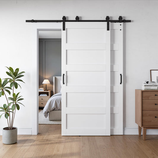 SmartStandard 36x84 Inch White Double Barn Door Set – 5-Panel MDF Sliding Doors with 6FT Bypass Barn Door Hardware Kit, Space-Saving Design, Easy Installation (Pre-Drilled Holes)