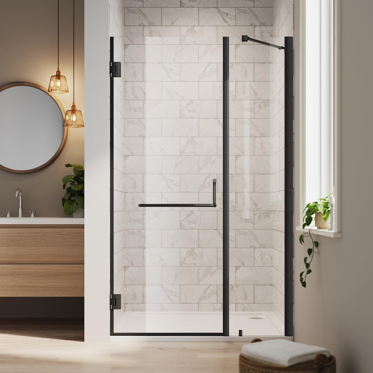 ELEGANT Frameless Shower Door 42'' W x 72'' H, Pivot Swing Glass Shower Door with 1/4'' Tempered Glass, Matte Black