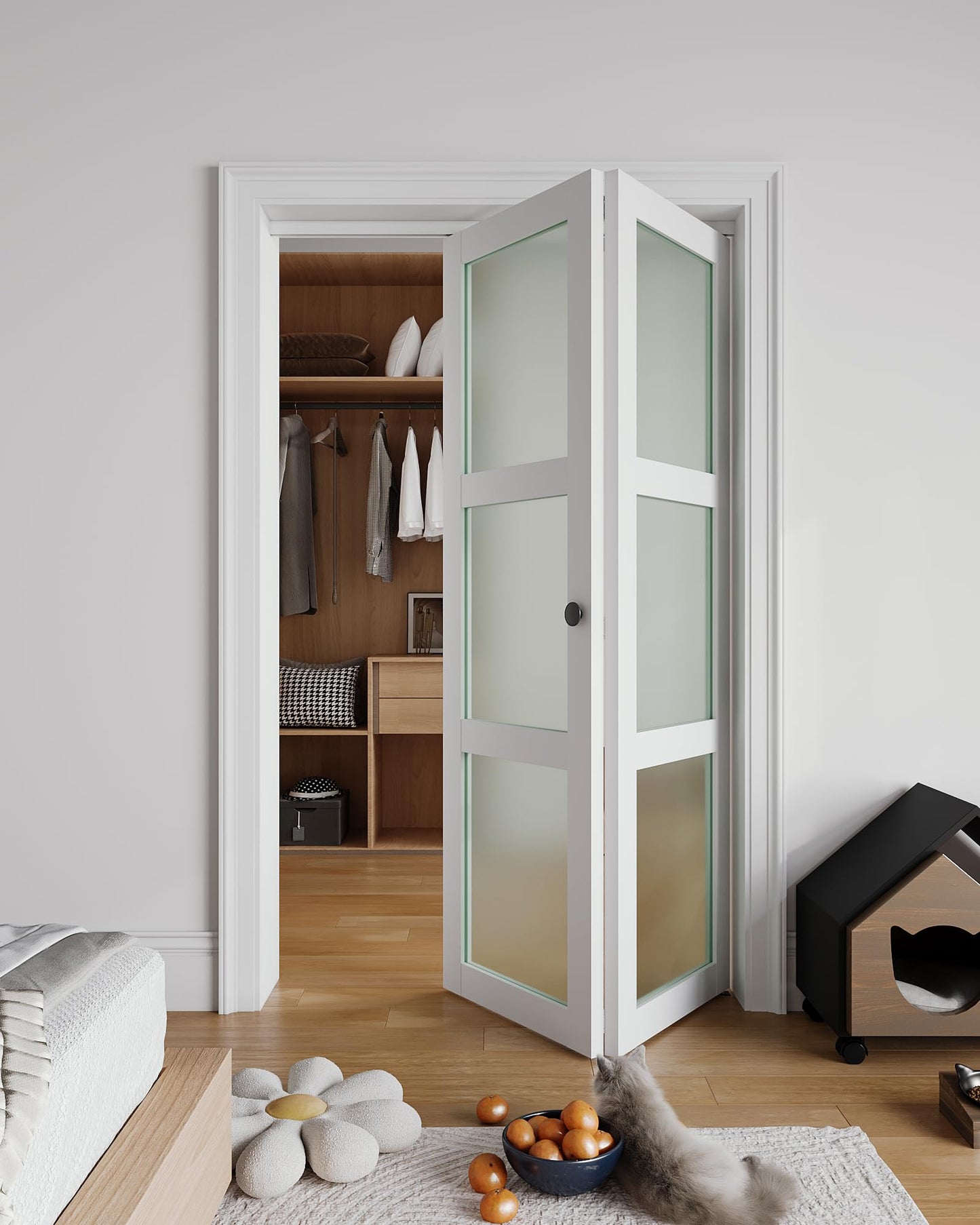 Bifold Closet Doors for 32"x 80" Opening, Tempered Frosted Glass Accordion Barn Door with Concealed Hardware Kit Included, Closet Door for Water-Proof PVC White Surface, Easy Install