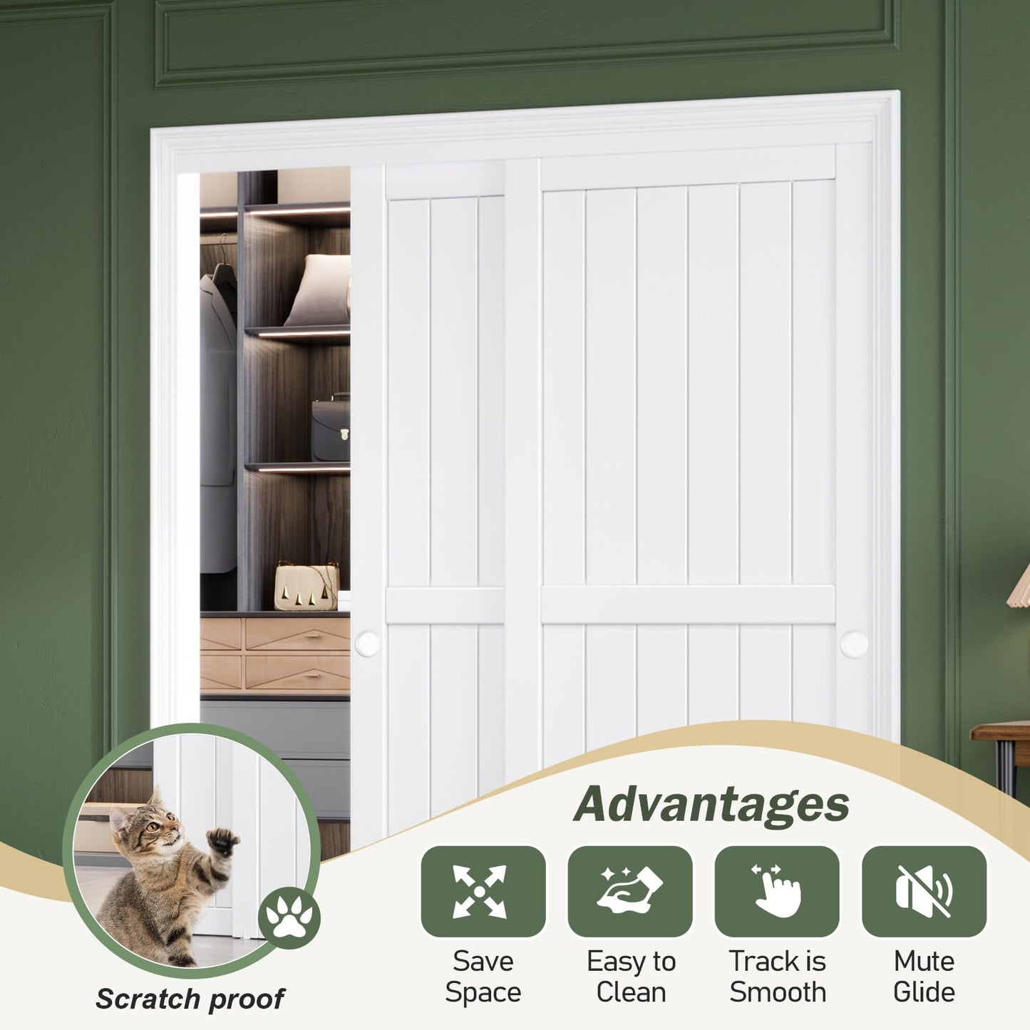 FREDBECK Sliding Closet Doors 64x80(Double 33inch),Bypass Barn Door with Hardware,for Bedroom,White,H Frame,Assemble Required