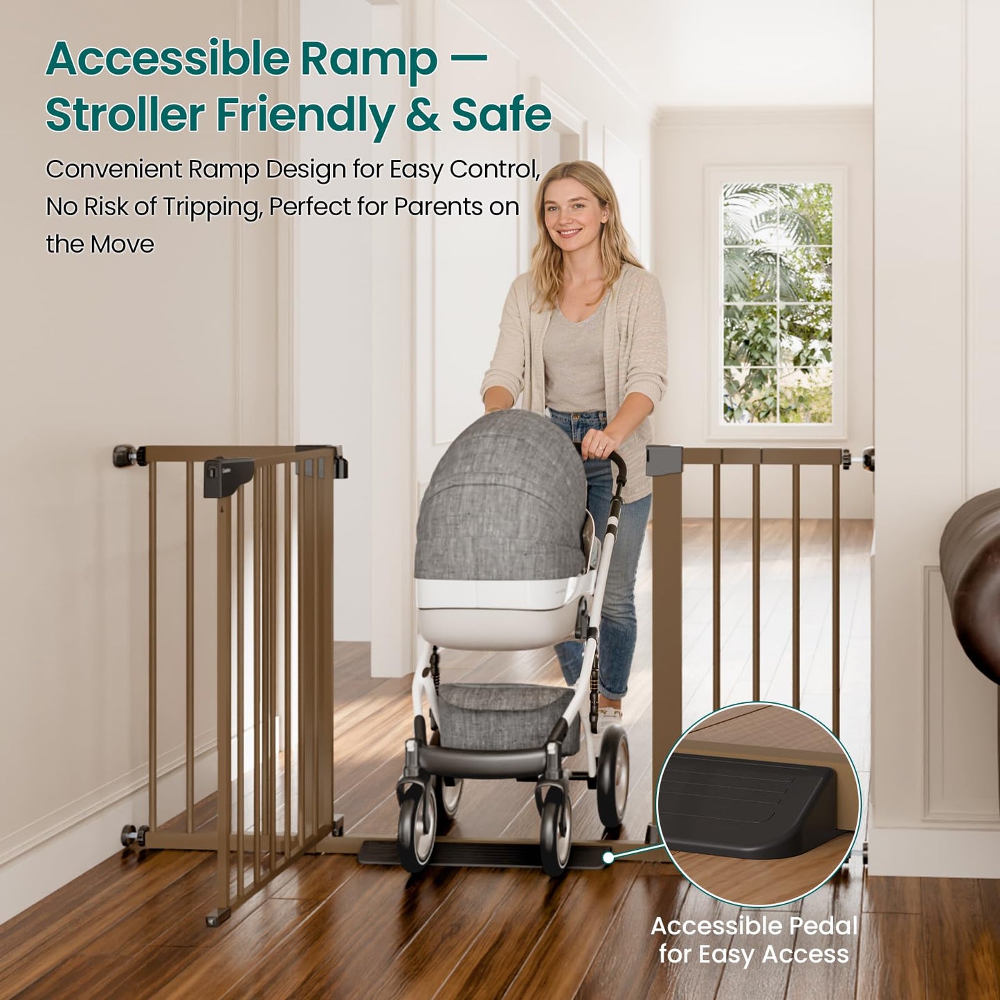 Cumbor 30-54" Extra Wide Baby Gate for Stairs, Dual Lock & Self-Closing Dog Gate Indoor, Easy Install Pet Gate for Doorways, Hallways & Kitchen, Easy Walk Thru Safety Proofing for Babies & Pets, Brown