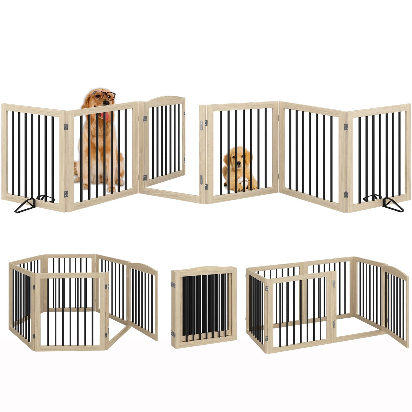 Vantas Folding Pet Gate 144" Wide, 30" Tall No-Assembly Wooden Dog Gate with Door Walk Through, Freestanding Puppy Safety Fence, 2PCS Support - Natural White
