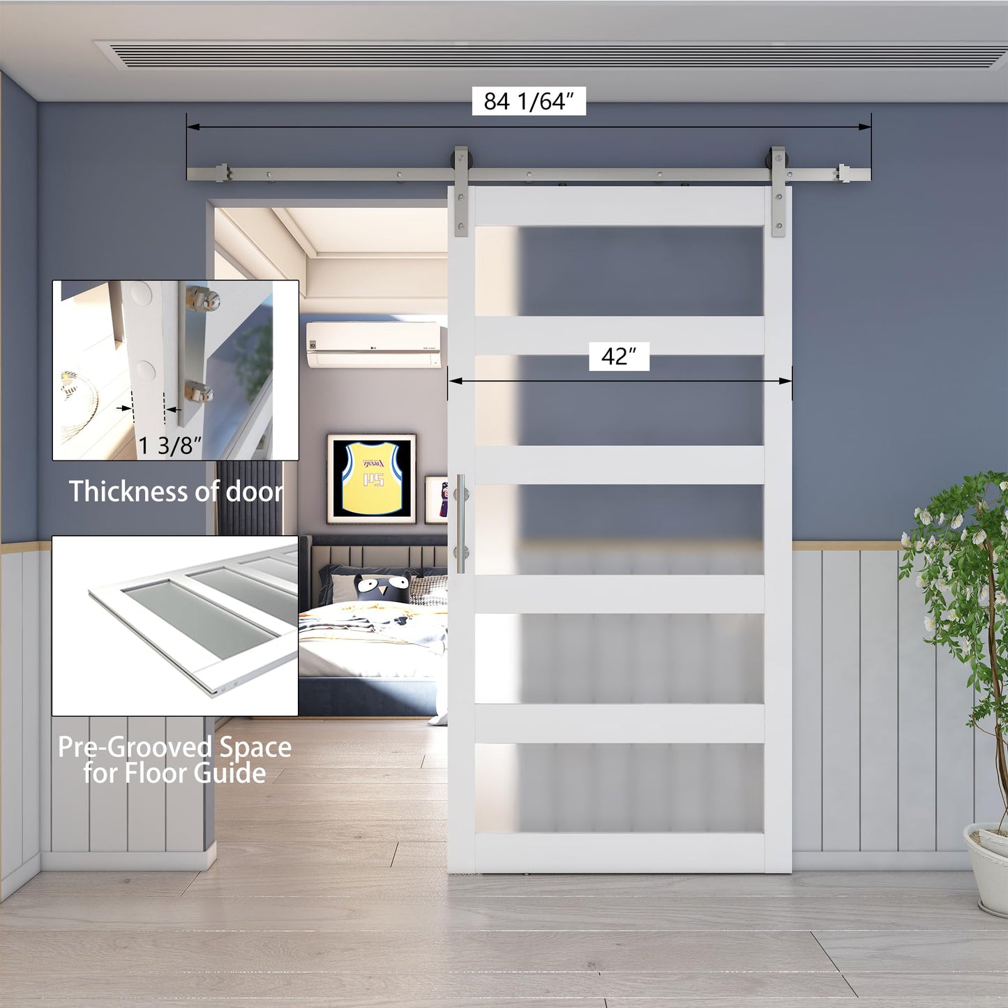 BARNSMITH 42in x 84in Glass Barn Door with 7FT Brushed Nickle Sliding Door Hardware Kit Included & Handle,5-Panel Frosted Glass Solid Wood Water-Proof PVC Surface,Pre-Drilled Easy Assembly,White
