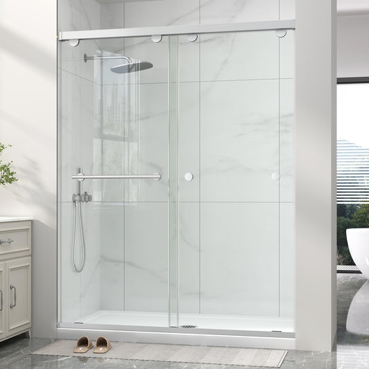 Frameless Shower Door with Soft-Close & Anti-Leak,5/16" (8mm) Double Sliding Shower Door,Nano Coating Anti-Explosion Film SGCC Tempered Glass 43"- 48" W x 76" H,Brushed Nickel