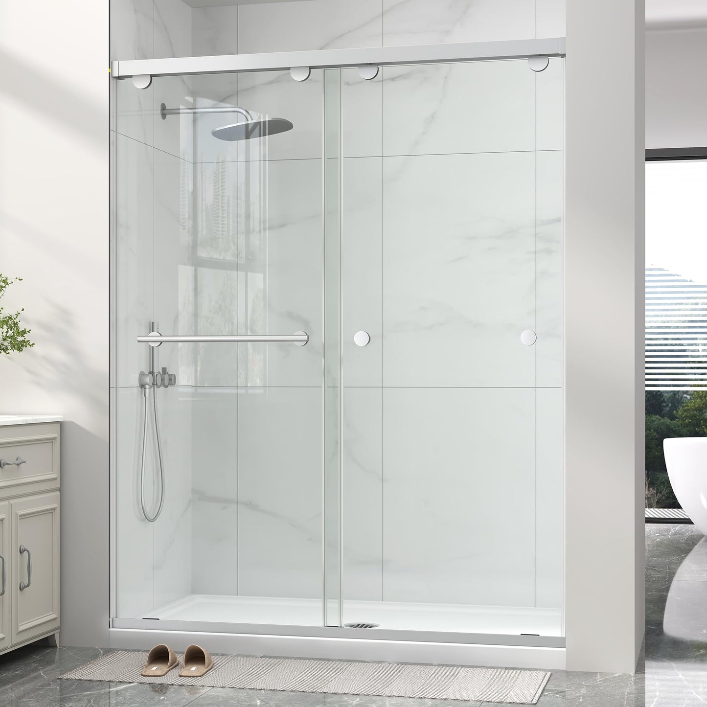 Frameless Shower Door with Soft-Close & Anti-Leak,5/16" (8mm) Double Sliding Shower Door,Nano Coating Anti-Explosion Film SGCC Tempered Glass 49"- 54" W x 76" H,Brushed Nickel