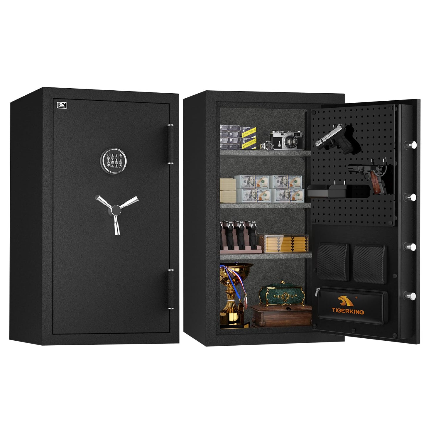 TIGERKING 8.78 Cu Ft Fireproof and Waterproof Safe with Digital Lock, DIY Pegboard Door, Heavy-Duty Steel Large Floor Safe for Home & Office, 40-Min 1200°F Fireproof & 72-Hr Waterproof Protection