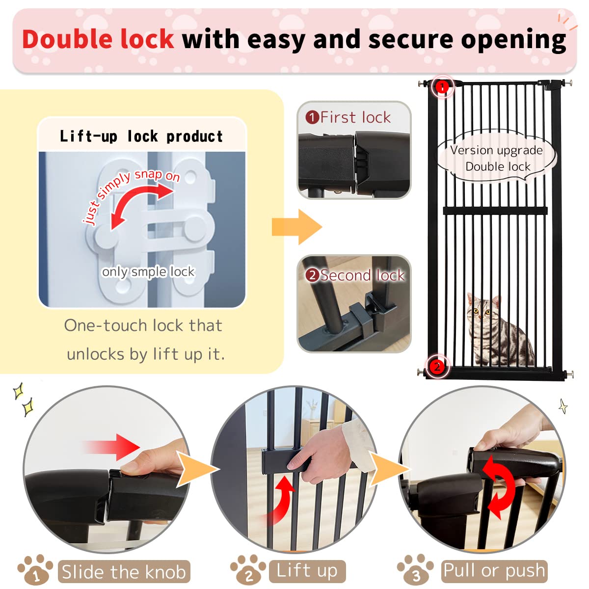 Lumizone Extra Tall Cat Gate 61.02" High Pressure Mounted Extra Wide 63.39"-67.32" (17Sizes) 1.37" Gap No Drilling Auto-Close Tall Pet Gate for Dogs (Black, 63.39"-67.32" W)