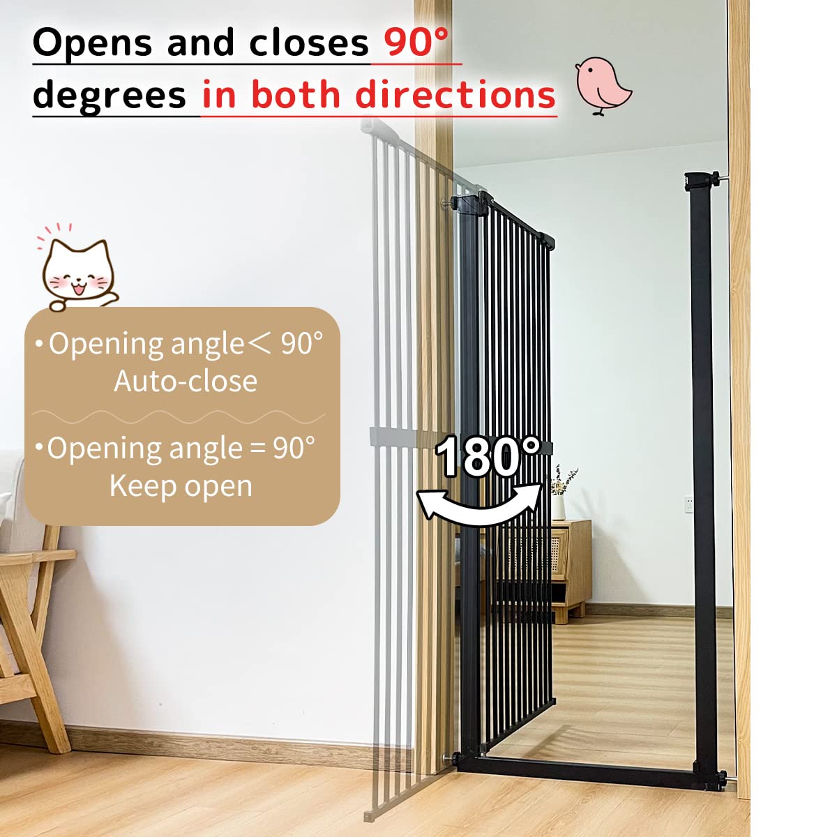 Lumizone Extra Tall Cat Gate 61.02" High Pressure Mounted Extra Wide 63.39"-67.32" (17Sizes) 1.37" Gap No Drilling Auto-Close Tall Pet Gate for Dogs (Black, 63.39"-67.32" W)