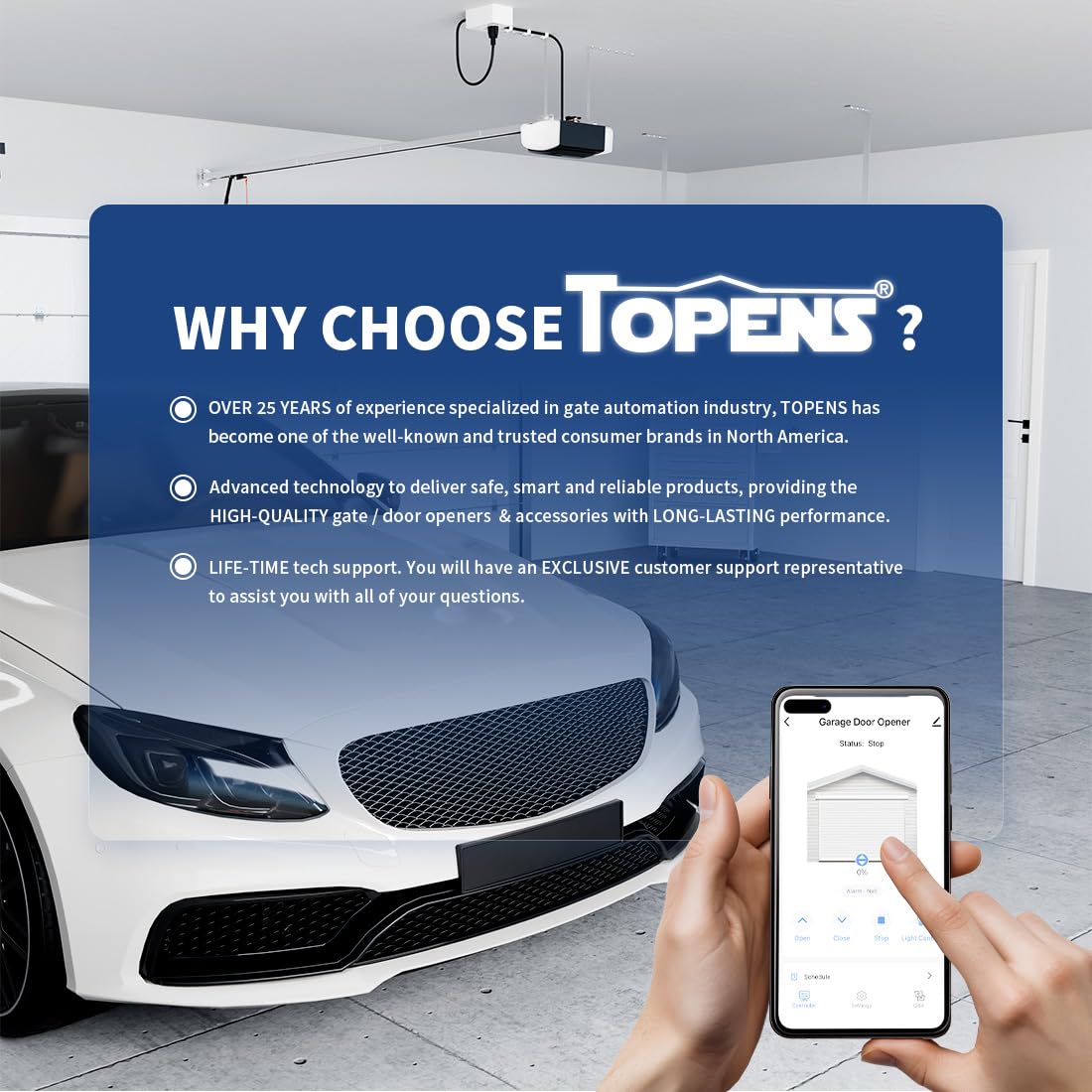 TOPENS CZ120 Garage Door Opener System 800N Chain Drive with Wireless Remote & Keychain Transmitter Smart App Control DC Motor for Sectional Garage Doors up to 7.5 ft