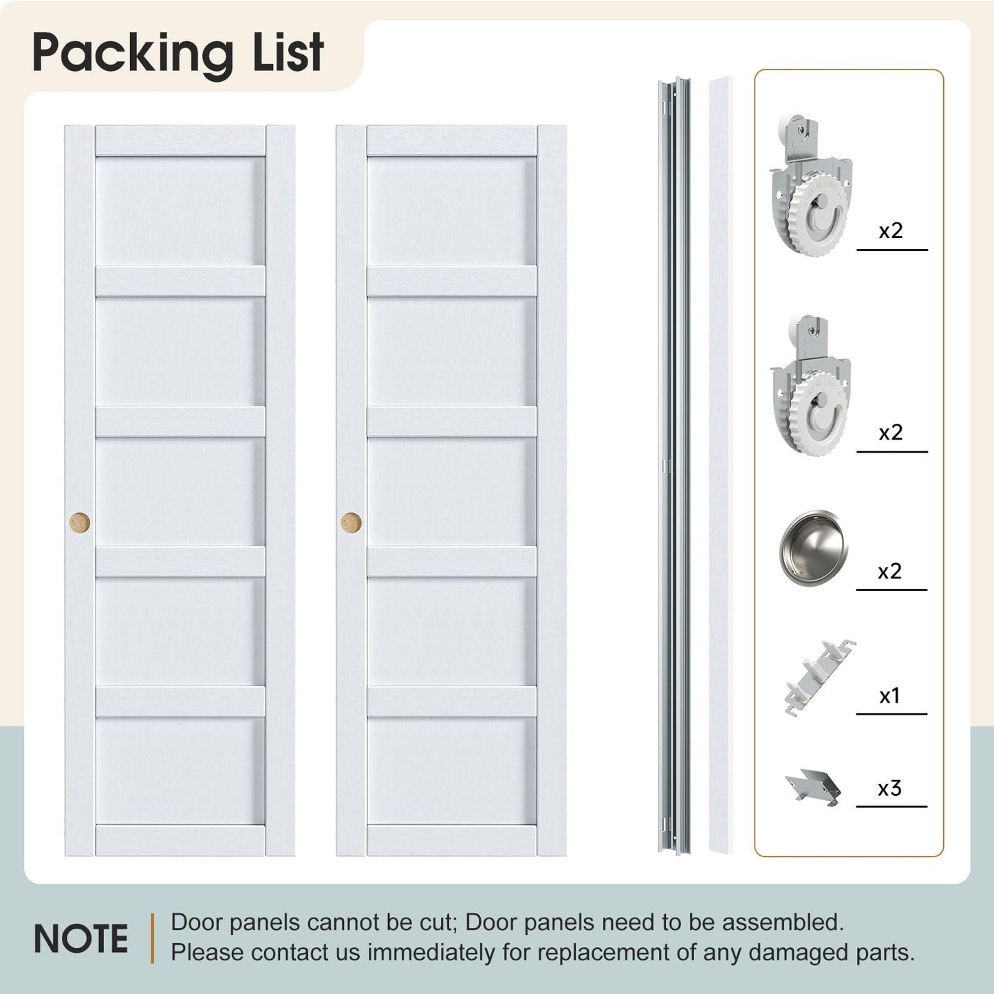 ROYMELO Sliding Closet Door 48"×80" (Double 25"), 5 Panels Bypass Barn Doors with Hardware Track Kit Included for Bedrooms Wardrobe, White, Requires DIY Assembly