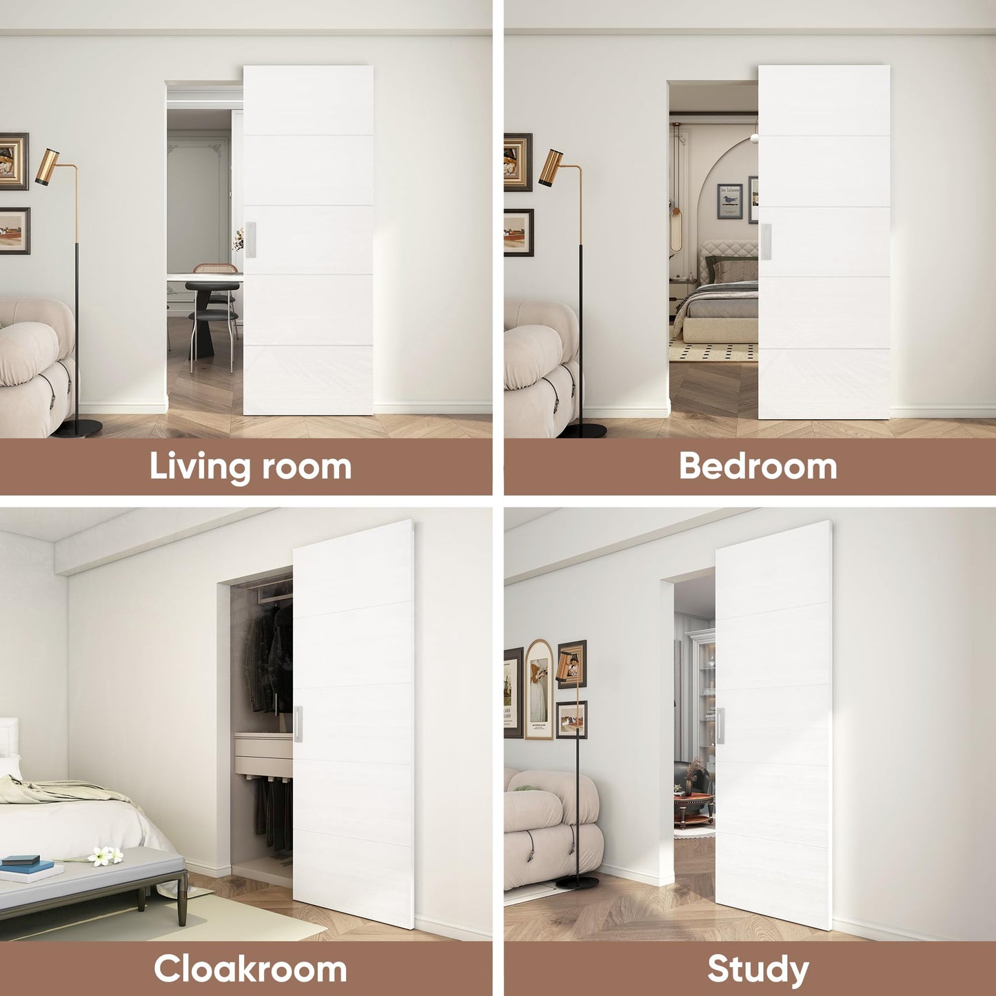 JUBEST 32"x86" Concealed Sliding Barn Door with Horizontal Groove and Soft Close Hardware Kit, White Flush Hidden Door for Opening 24"-28"x84", Waterproof and Smooth Sliding, for Interior Using
