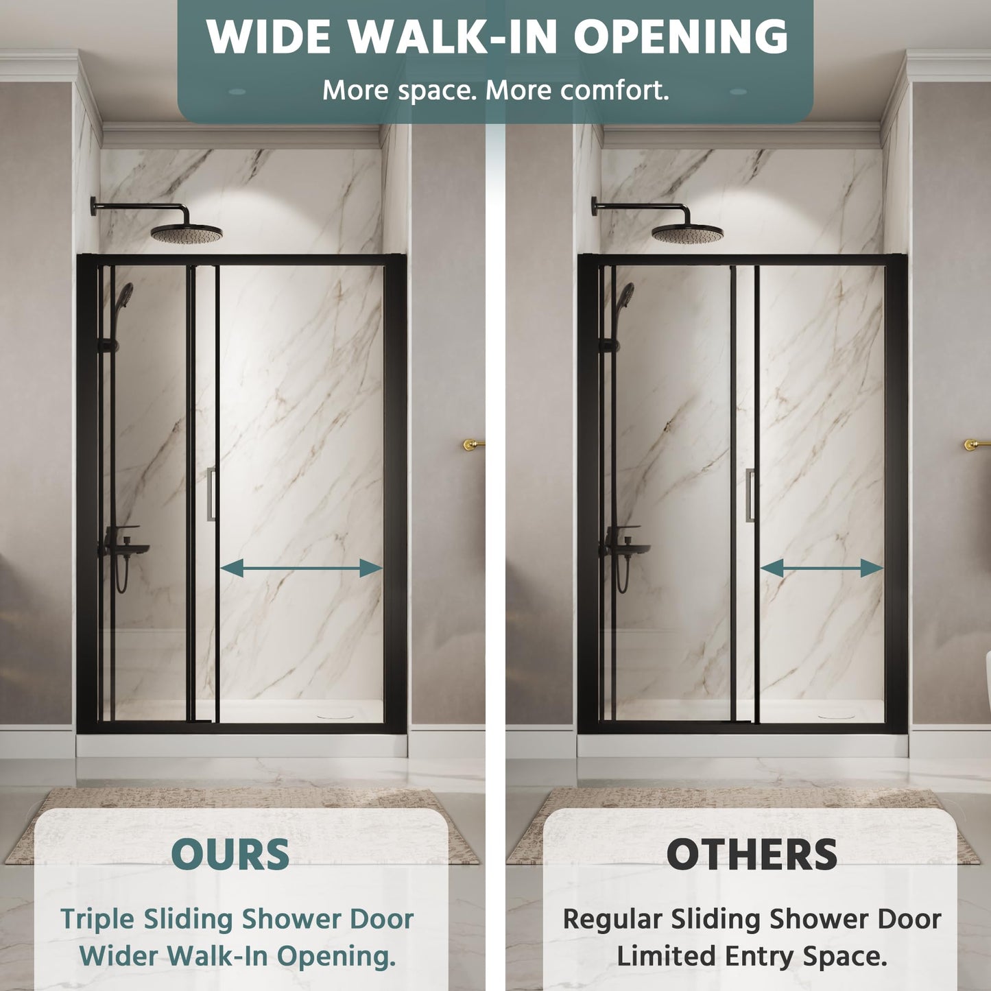 ComfyStyle 44"-48"W x70''H Tri-Fold Sliding Shower Door, Wide Walk-In Opening, Space-Saving Triple Shower Doors with Flexible Folding Glass Panels, Hidden Roller System, 6mm SGCC Tempered Glass, Black