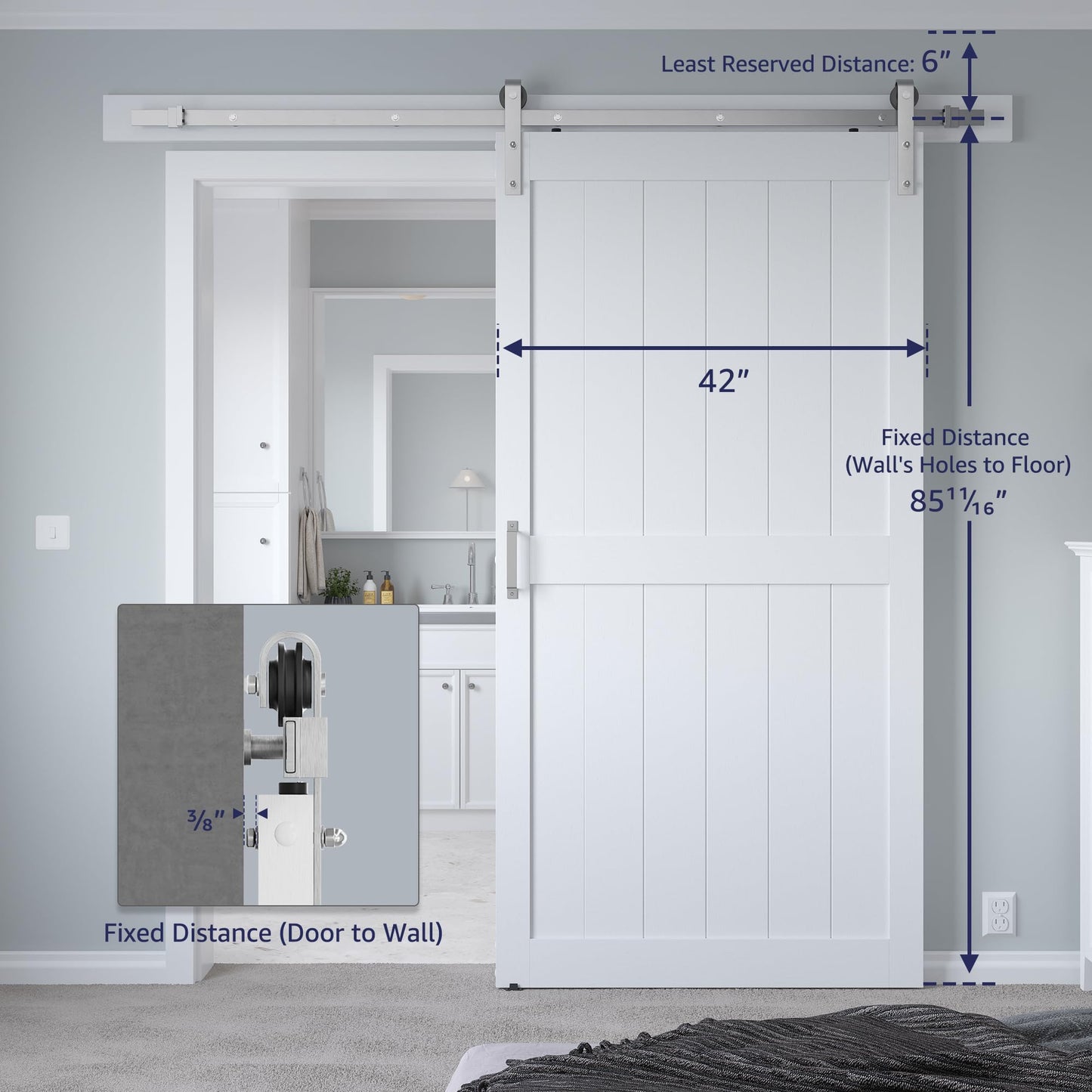 COSHOMER 42in x 84in White Sliding Barn Door with 7ft Brushed Nickel Hardware Kit & Handle, Pre-Drilled Holes Easy Assembly -Solid Barn Door Slab Covered with Water-Proof PVC Surface, H-Frame