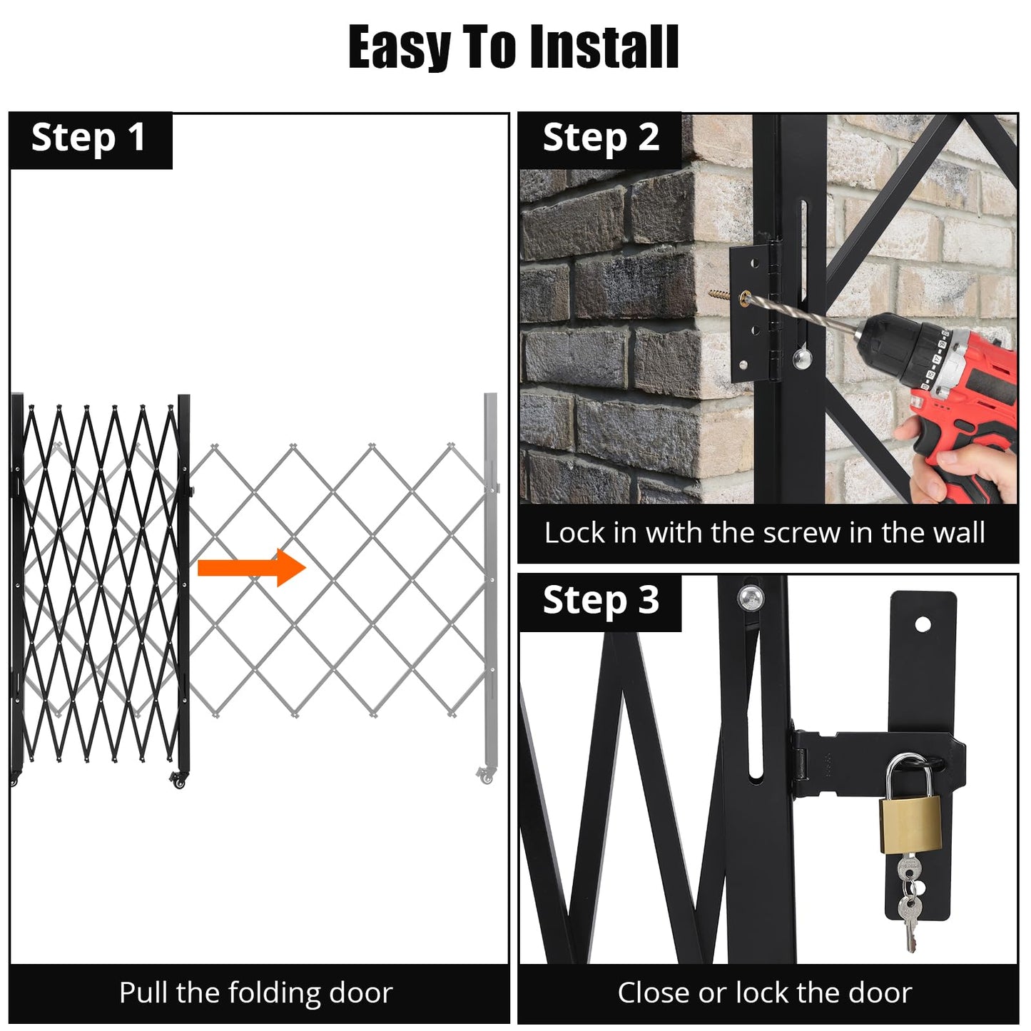 Garvee Scissor Gate Folding Security Door Gates, 61" H x 71" W Flexible Expanding Security Door - Steel Accordion, 360° Rolling Wheels with Padlock, Black