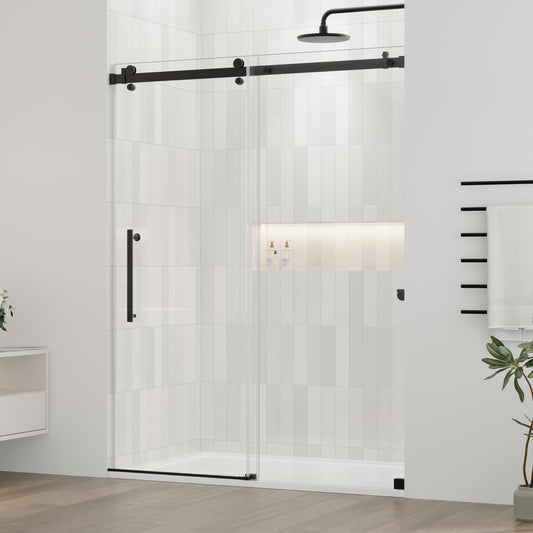 DELAVIN 44-48.in W x 72.in H Frameless Shower Door, Water Repellent Black Shower Door with 1/4" (6mm) Clear Tempered Glass, Easy Sliding Showe Door with Explosion-Proof Film, Stainless Steel Top Rail