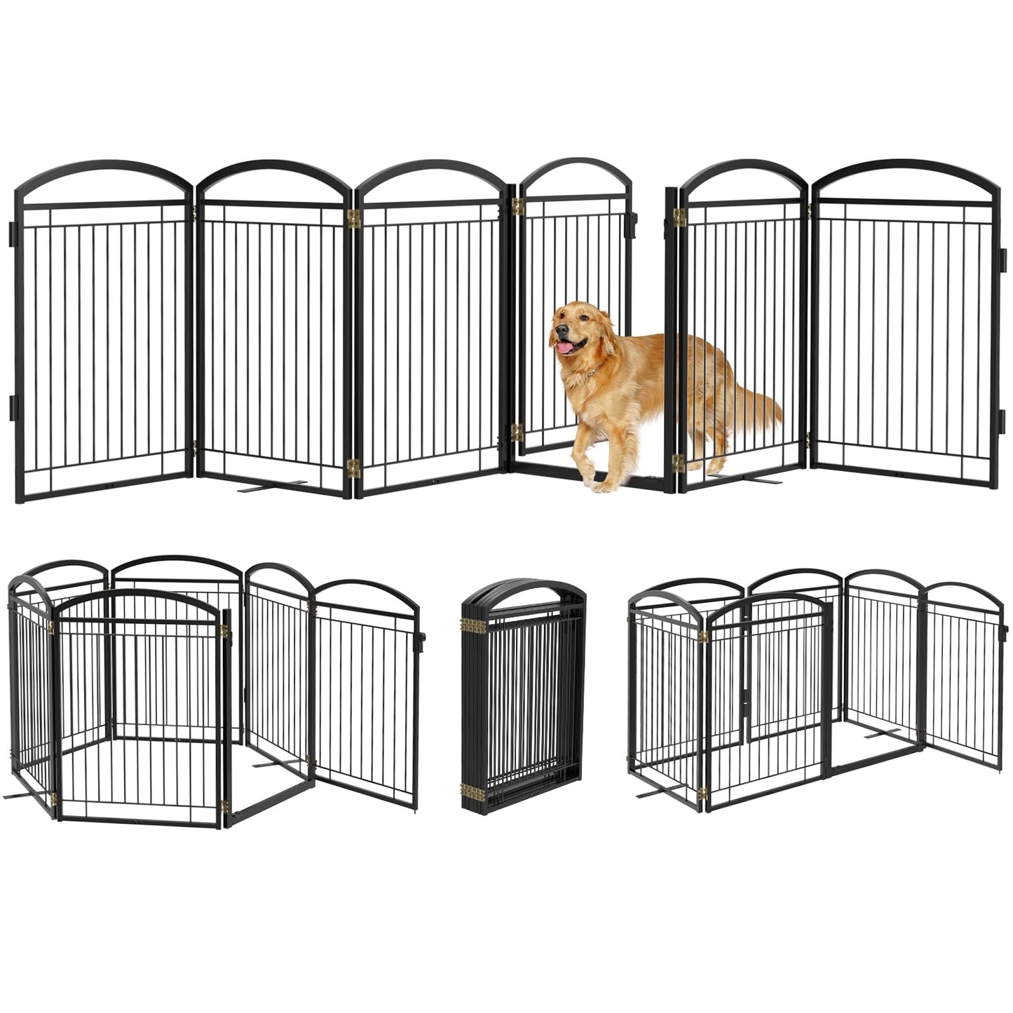 Full Metal Free Standing Dog Gate with Door for Indoor Outdoor, 144'' Extra Wide 36'' Tall Dog Gate for Doorways,Large Openings,Decks,Freestanding Portable Pet Fence(6 Panels,Black)