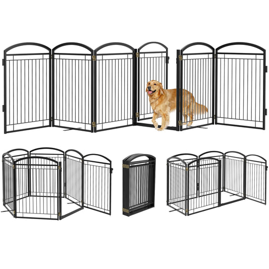 Full Metal Free Standing Dog Gate with Door for Indoor Outdoor, 144'' Extra Wide 36'' Tall Dog Gate for Doorways,Large Openings,Decks,Freestanding Portable Pet Fence(6 Panels,Black)