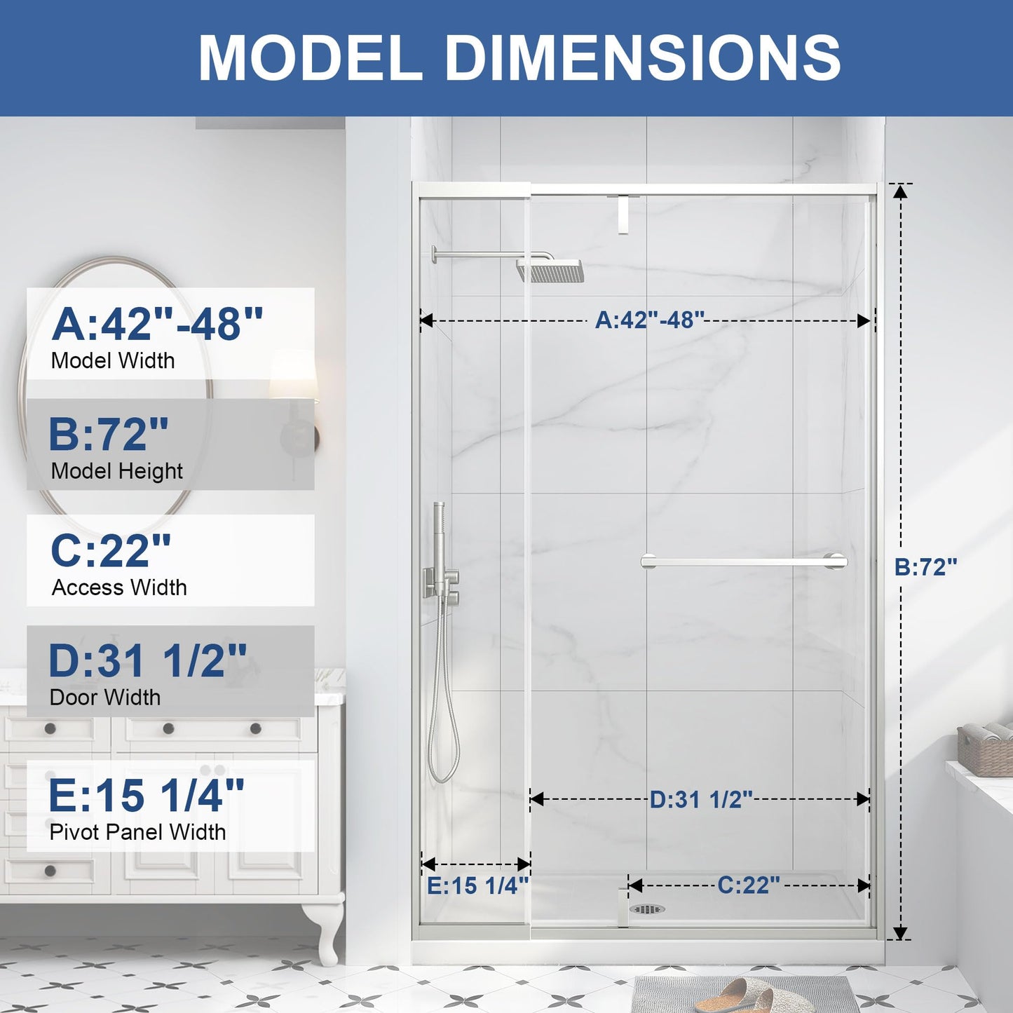 EASYWORC Semi Frameless Pivot Shower Door 42-48" W x 72" H, Swing Shower Glass Doors with Nano Explosion-Proof Film Tempered Glass 1/4"(6mm) Reversible Installtion, Brushed Nickel Finish