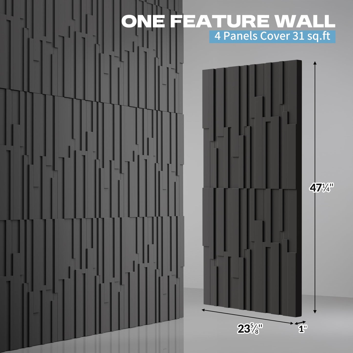 janasse Large PU Decorative Wall Panels, 4-Pack Covers 31 Sq.Ft – 47.2" × 23.6" 3D Architectural Accent Wall Panels for Living Room, TV Wall, Office & Commercial Spaces (Black)