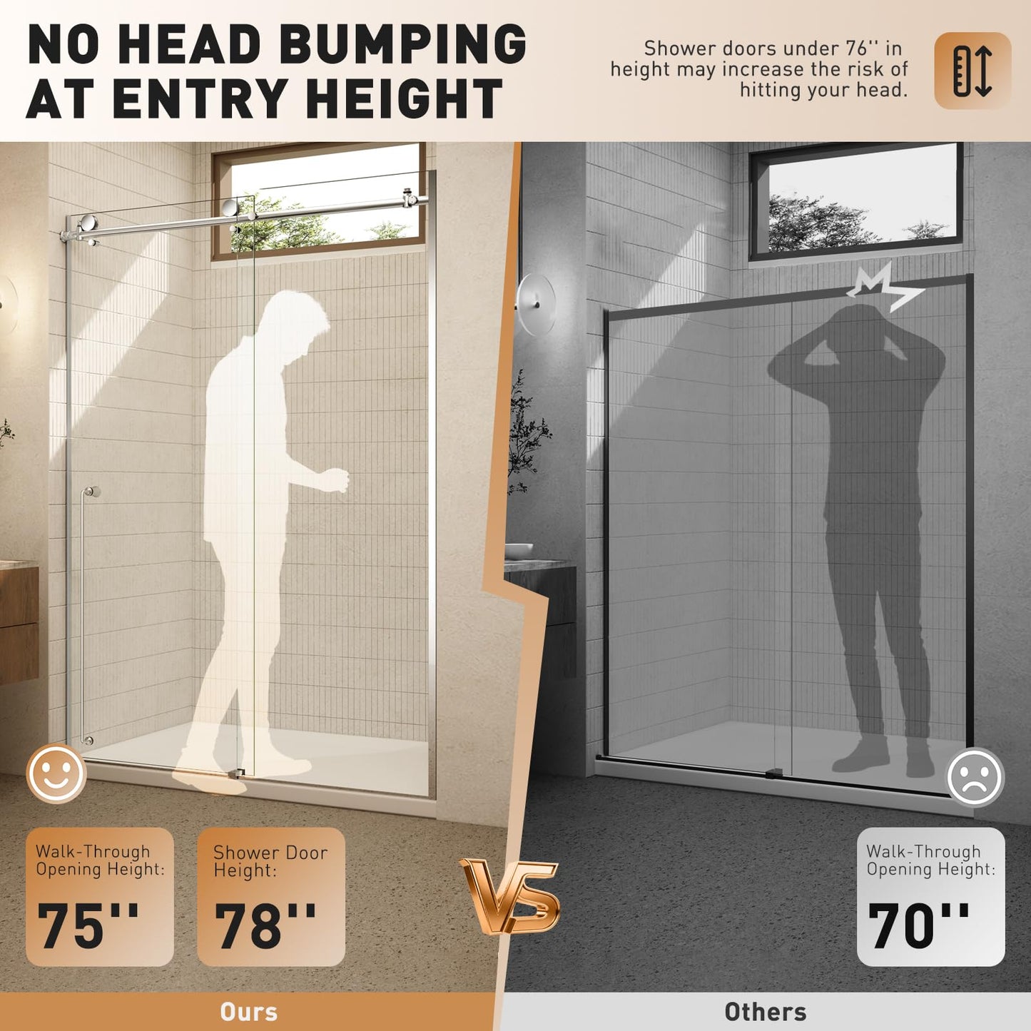 CONDRIS Prime Frameless 60‘’x78’’ Reversible Sliding Shower Door 3/10" (8mm) Thick Tempered Clear Glass with Explosion-Proof Film Nano Coating Stainless Steel Hardware Chromed/Matte Black (Chromed)