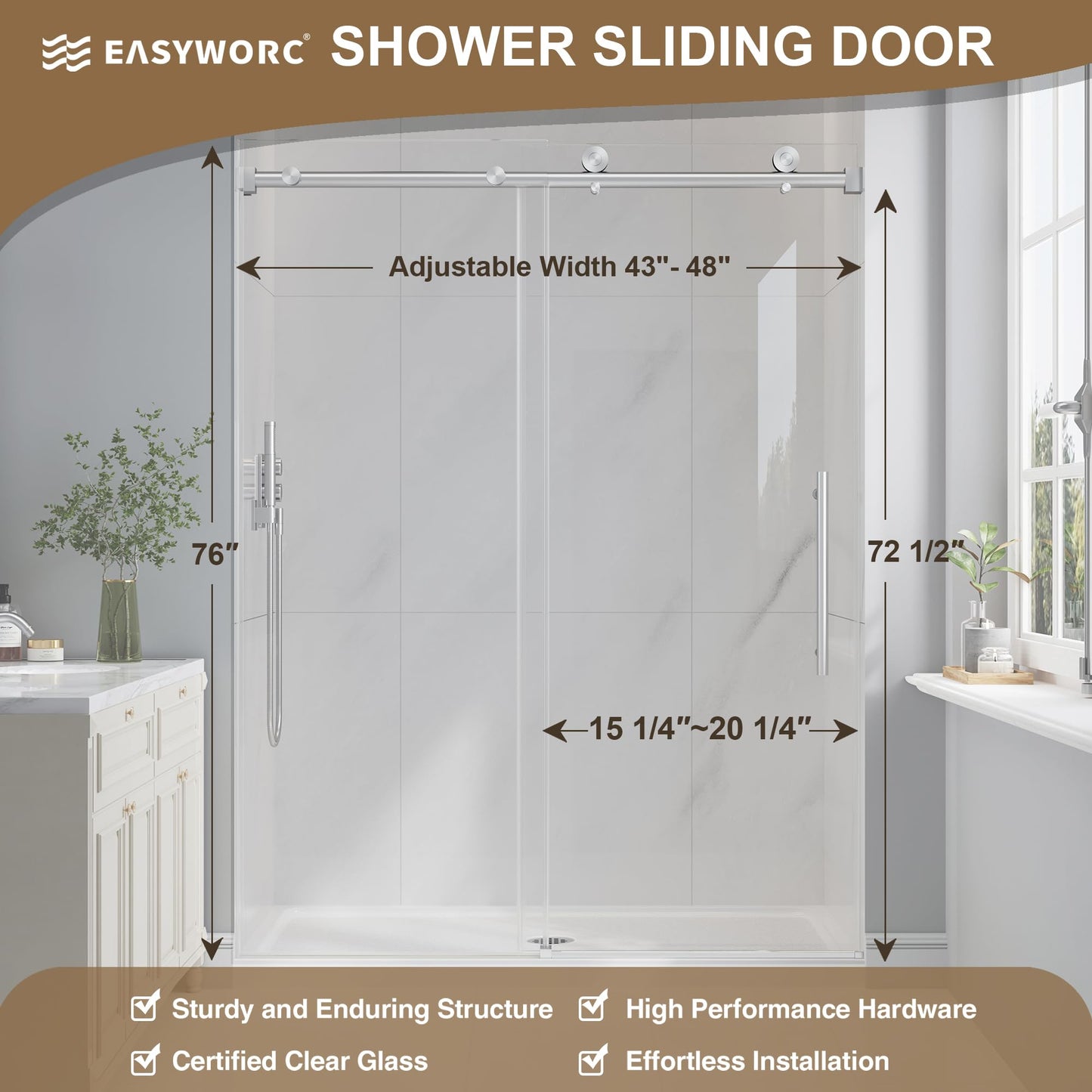 EASYWORC Frameless Glass Shower Door, 43-48" W x 76" H Sliding Frameless Shower Door, 1/4''(6mm) SGCC Tempered Glass, Explosion-Proof Film Nano Coating, Stainless Steel Hardware, Brushed Nickel