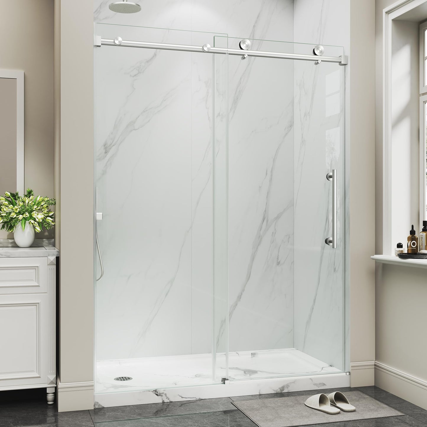 Frameless Glass Shower Door,55-60" W x 72" H Single Sliding Frameless Shower Door,1/4"(6mm) SGCC Tempered Glass,Safety Explosion-Proof Film Nano Coating,Brushed Nickel