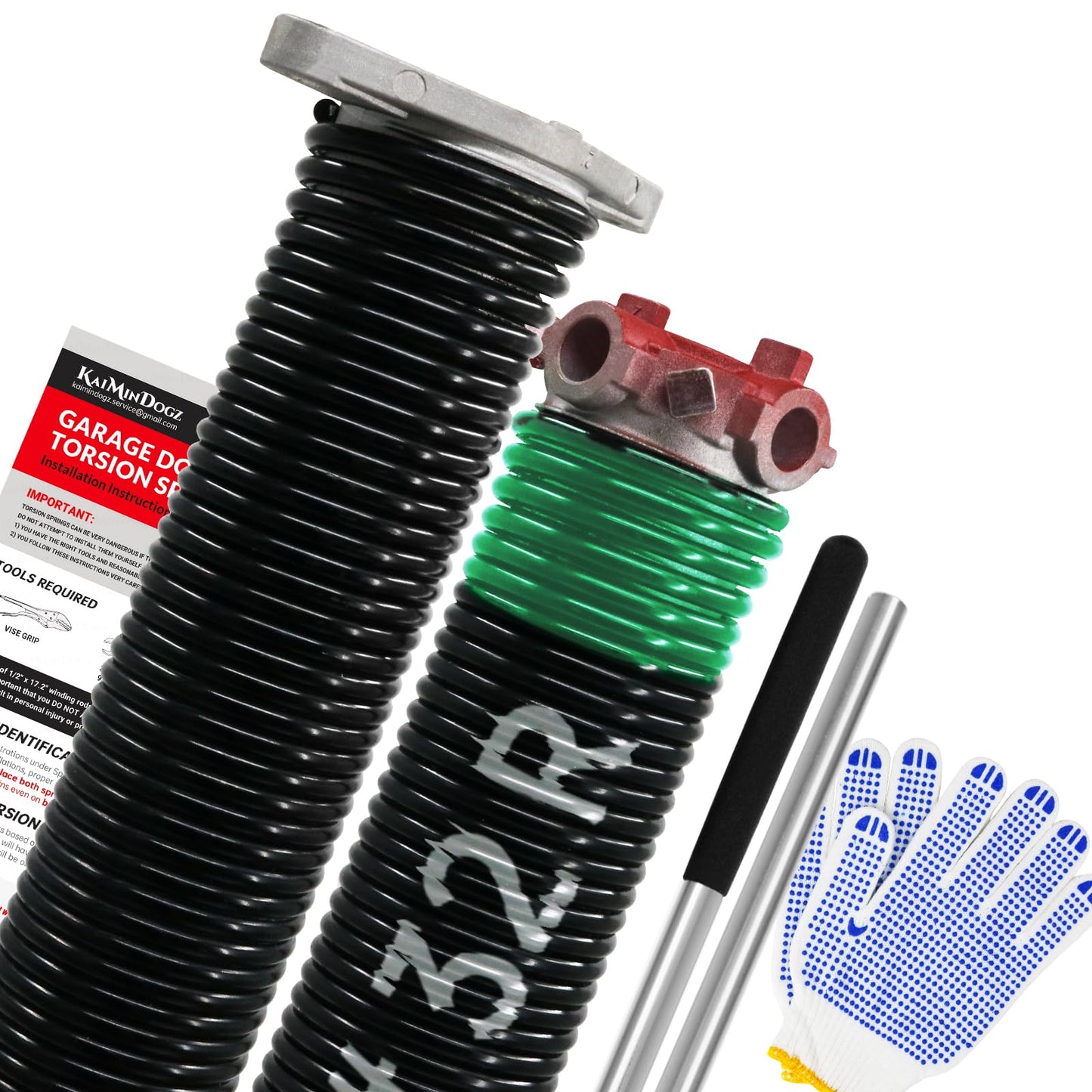 KaiMinDogz Pair of 1.75" Garage Door Torsion Springs Set with Non-Slip Winding Bars&Gloves, High Precision Electrophoresis Oil-Free Black Coated for Replacement, MIN 16,000 Cycles (0.243 x 1.75"x 32")