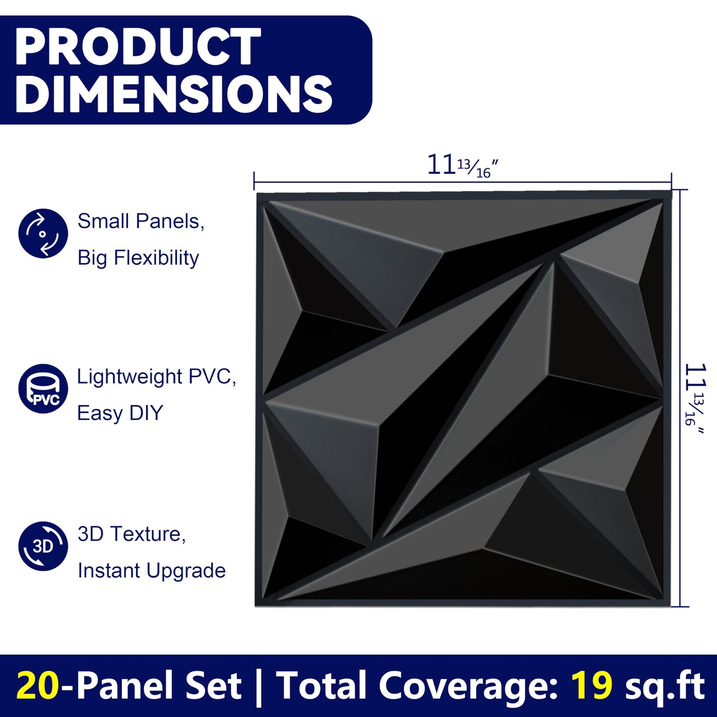 janasse 3D Wall Panel for Interior Wall Decor, PVC Wall Panels for Living Room Bedroom Game Room, Black Wall Panels for Lobby Hotel Office, 12''x12'' Cover 19.Sq.Ft.(20 Packs)