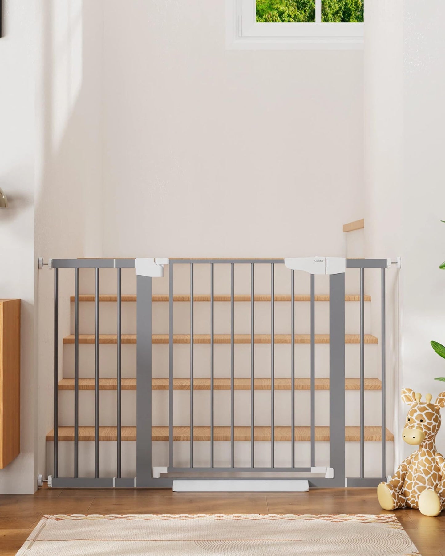 Cumbor 29.7-48" Baby Gate for Stairs, Mom's Choice Awards Winner-Dog Gates for Doorways, Auto Close Safety Pet Gate for Dogs Indoor, Easy Install Pressure Mounted Child Gate with Walk Thru Door, Gray