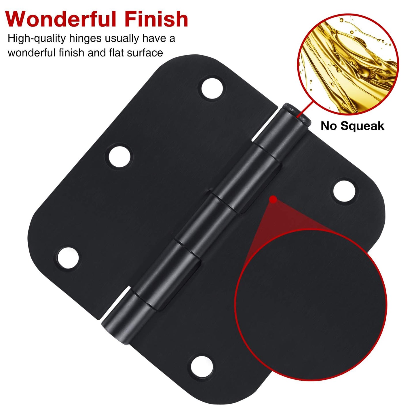 Matte Black Door Hinges No Sqeauk 3.5 x 3 1/2 Inch Interior Door Hinges for Doors Rounded 5/8" Radius 30 Pack