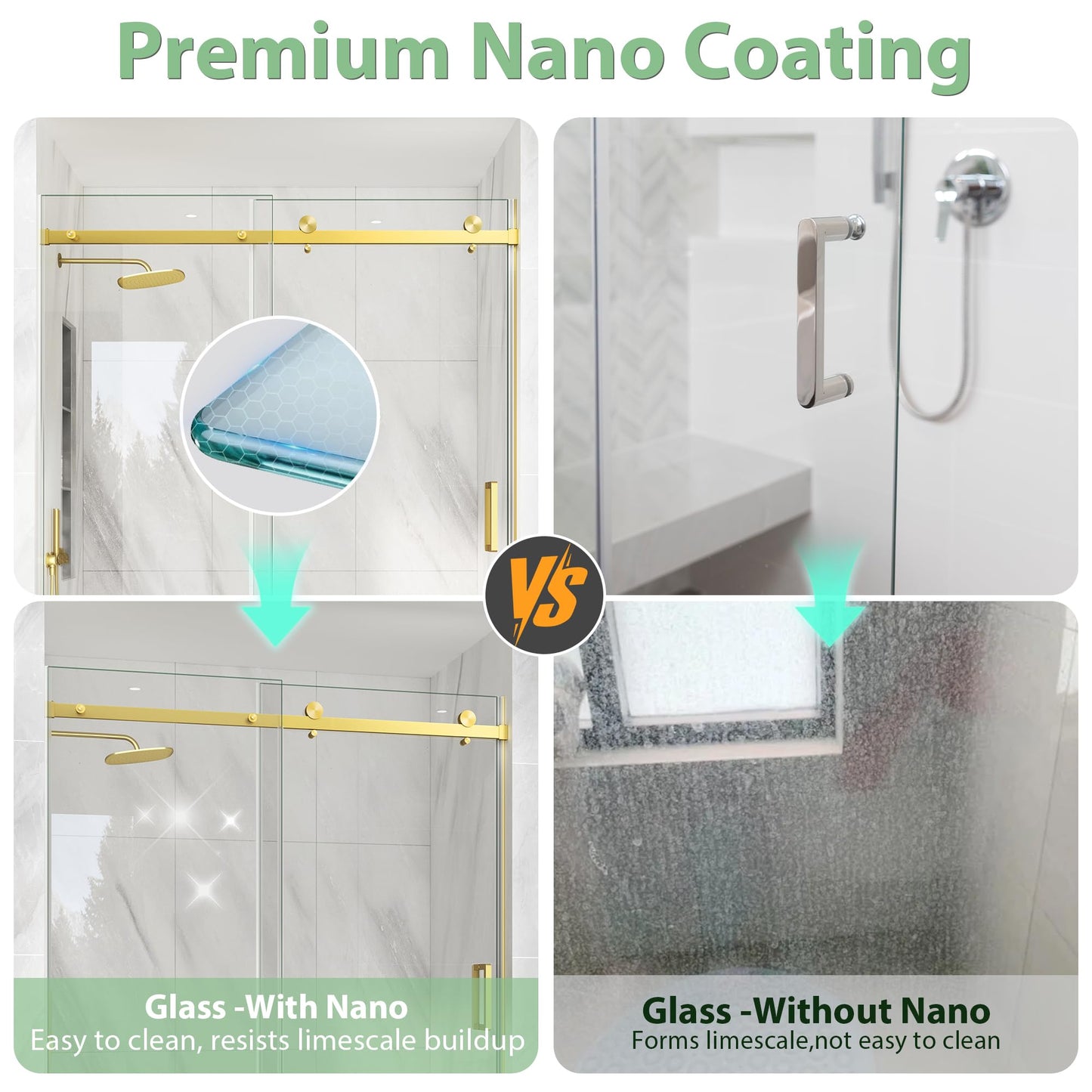 KPUY Frameless Shower Door, 43-48" W x 76" H Sliding Glass Shower Door, 1/4" (6mm) Thick Tempered Clear Glass with Explosion-Proof Film Nano Coating in Brushed Gold Finish