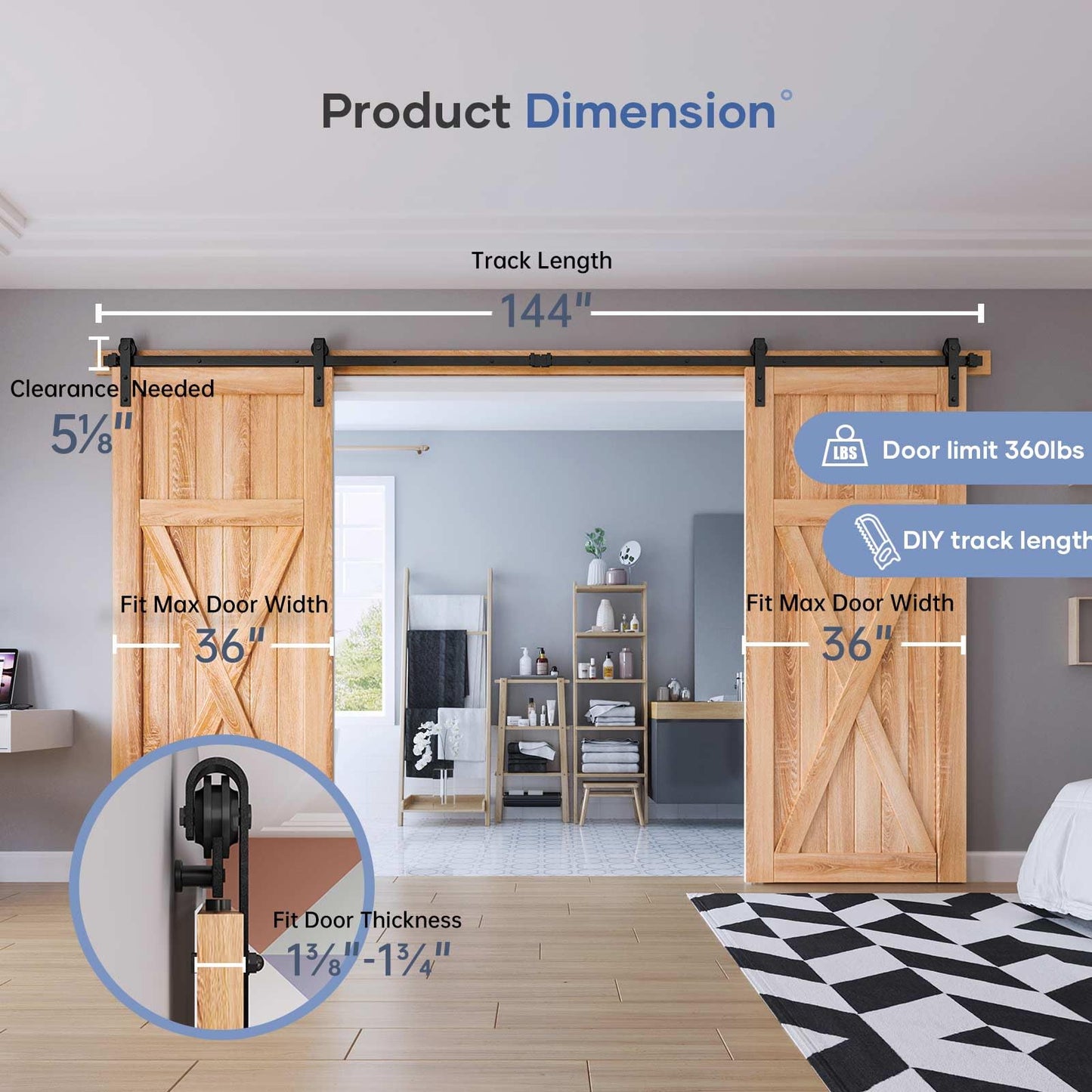 EaseLife 12 FT Double Door Sliding Barn Door Hardware Track Kit,Basic J Pulley,Heavy Duty,Slide Smoothly Quietly,Easy Install (12FT Track Kit for Double 36" Wide Door)