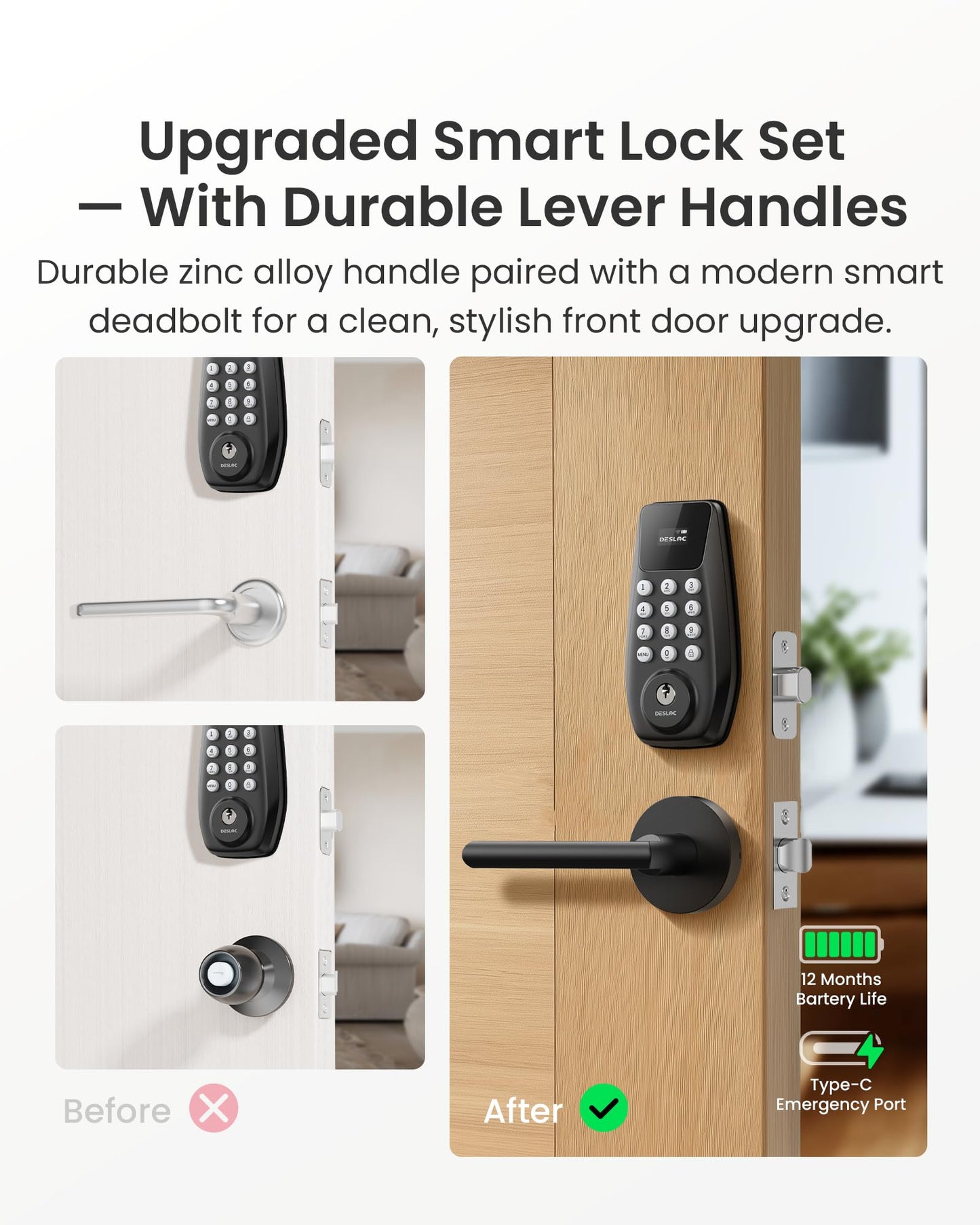 DESLOC C100 Plus Built-in WiFi Smart Lock with Handle Set, Built-in WiFi Keyless Entry Door Lock with Display, Keypad Deadbolt & Matching Lever Handle for Front Door, App Remote Control - Black