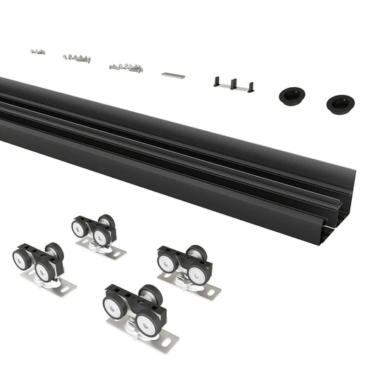BarnBase 4FT/48" Bypass Door Hardware, Aluminum Double-Closing Sliding Closet Door Hardware with Finger Pull Included, Smoothly and Quietly, Fit Door Thickness 1 3/8" or 1 3/4", Black