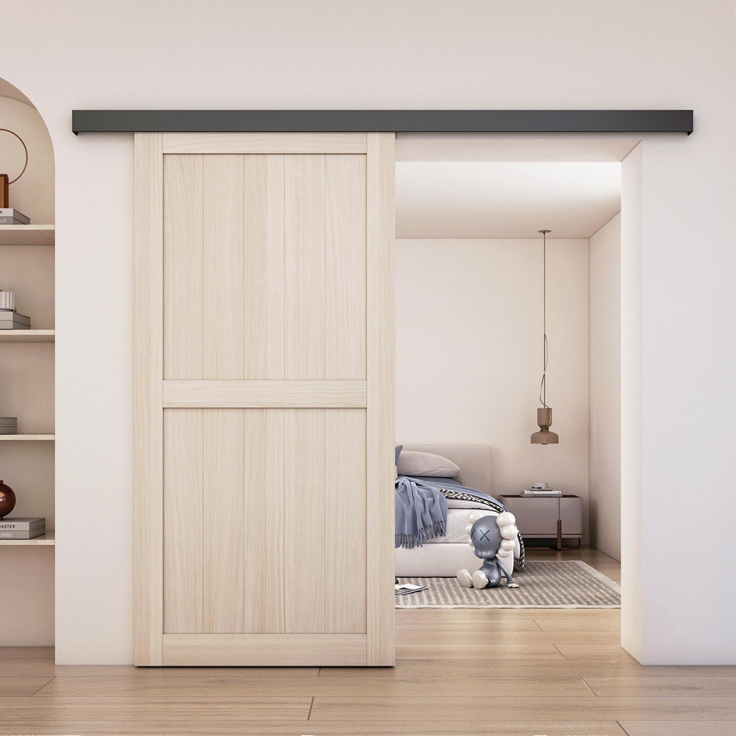 SongYung 8FT Barn Door Hardware Kit, Low Clearance Aluminium Alloy Box Rail Track Hardware Kit, Sliding Door Track for Interior Single Wooden Door,Black