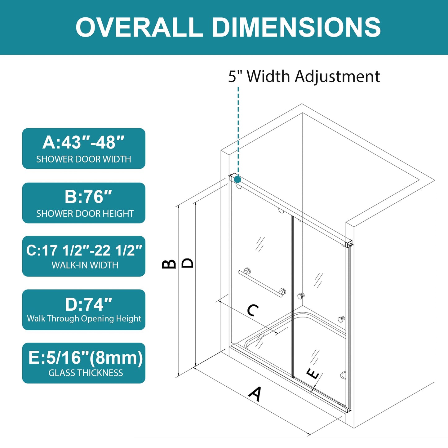 Frameless Shower Door with Soft-Close & Anti-Leak,5/16" (8mm) Double Sliding Shower Door,Nano Coating Anti-Explosion Film SGCC Tempered Glass 43"- 48" W x 76" H,Brushed Nickel