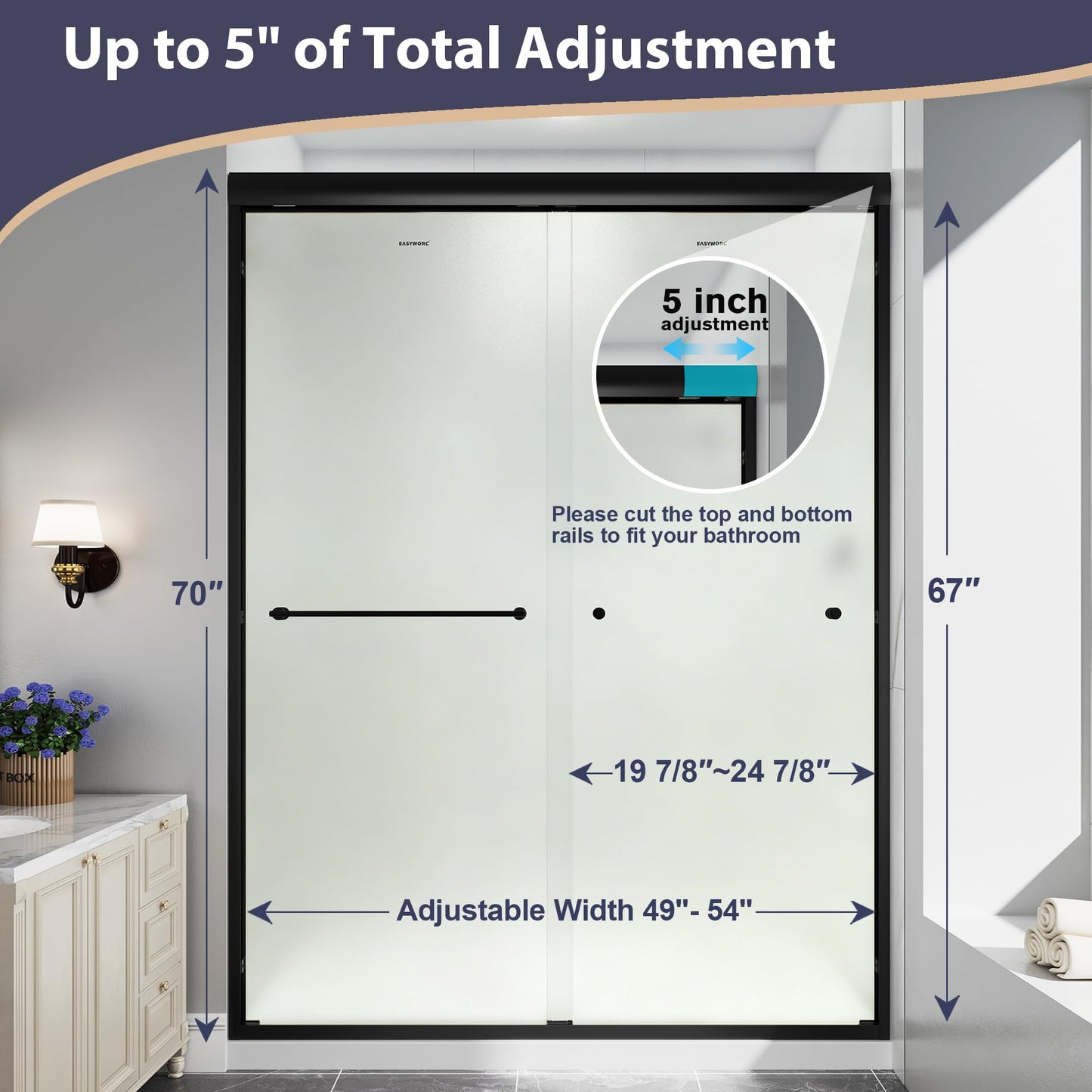 EASYWORC Double Sliding Shower Door, 49"-54" W x 70" H Semi-Frameless Frosted Shower Door, 1/4'' (6mm) Frosted SGCC Tempered Glass with Nano Coating and Explosion-Proof Film, Matte Black