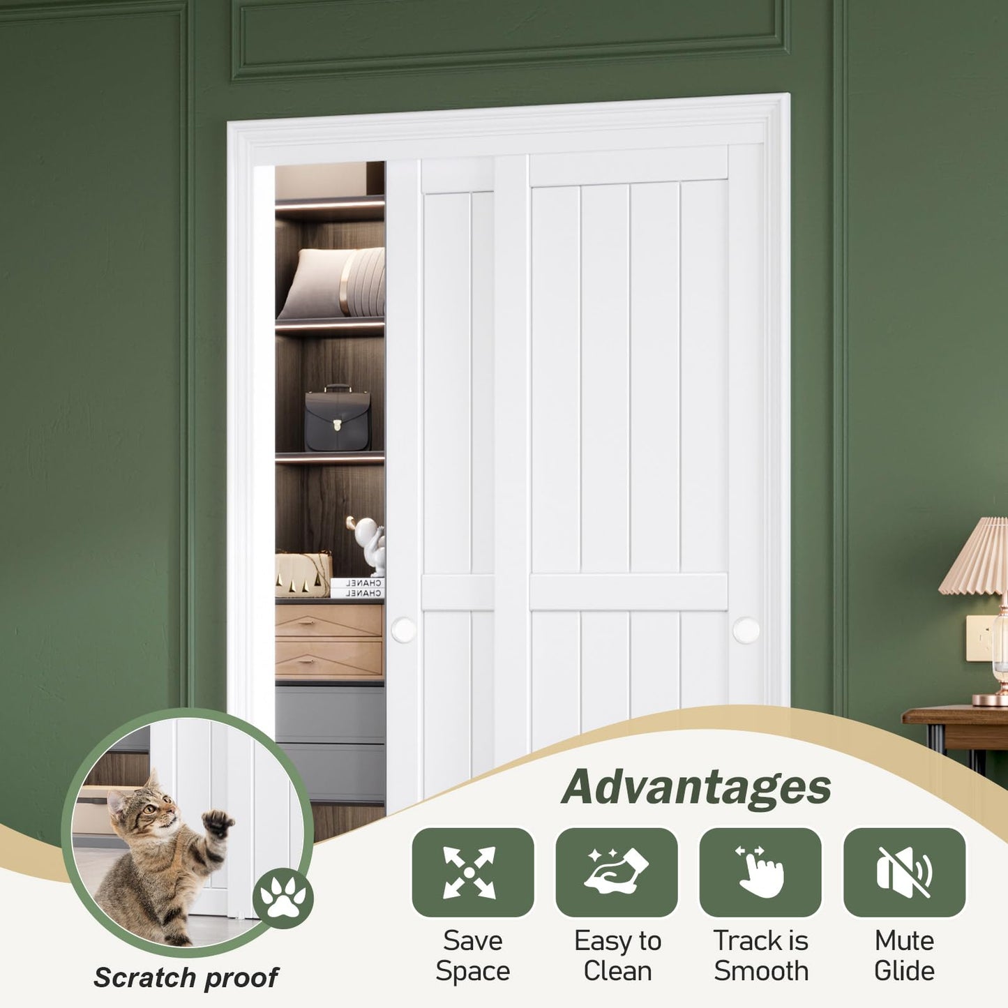 FREDBECK Sliding Closet Doors 48x80(Double 25inch),Bypass Barn Door with Hardware,for Bedroom,White,H Frame,Assemble Required