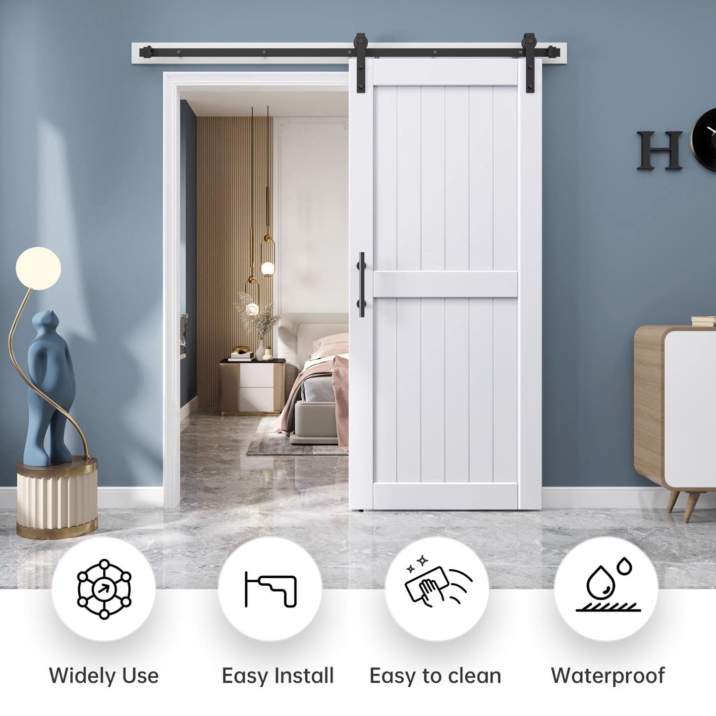 EaseLife 38 x 84 inch White Barn Door with 6.6FT Sliding Door Hardware Kit Included & Handle,Solid Wood Covered with Waterproof PVC Surface,DIY Assemblely,Easy Install,H-Frame,Fit 34-36in Wide Opening
