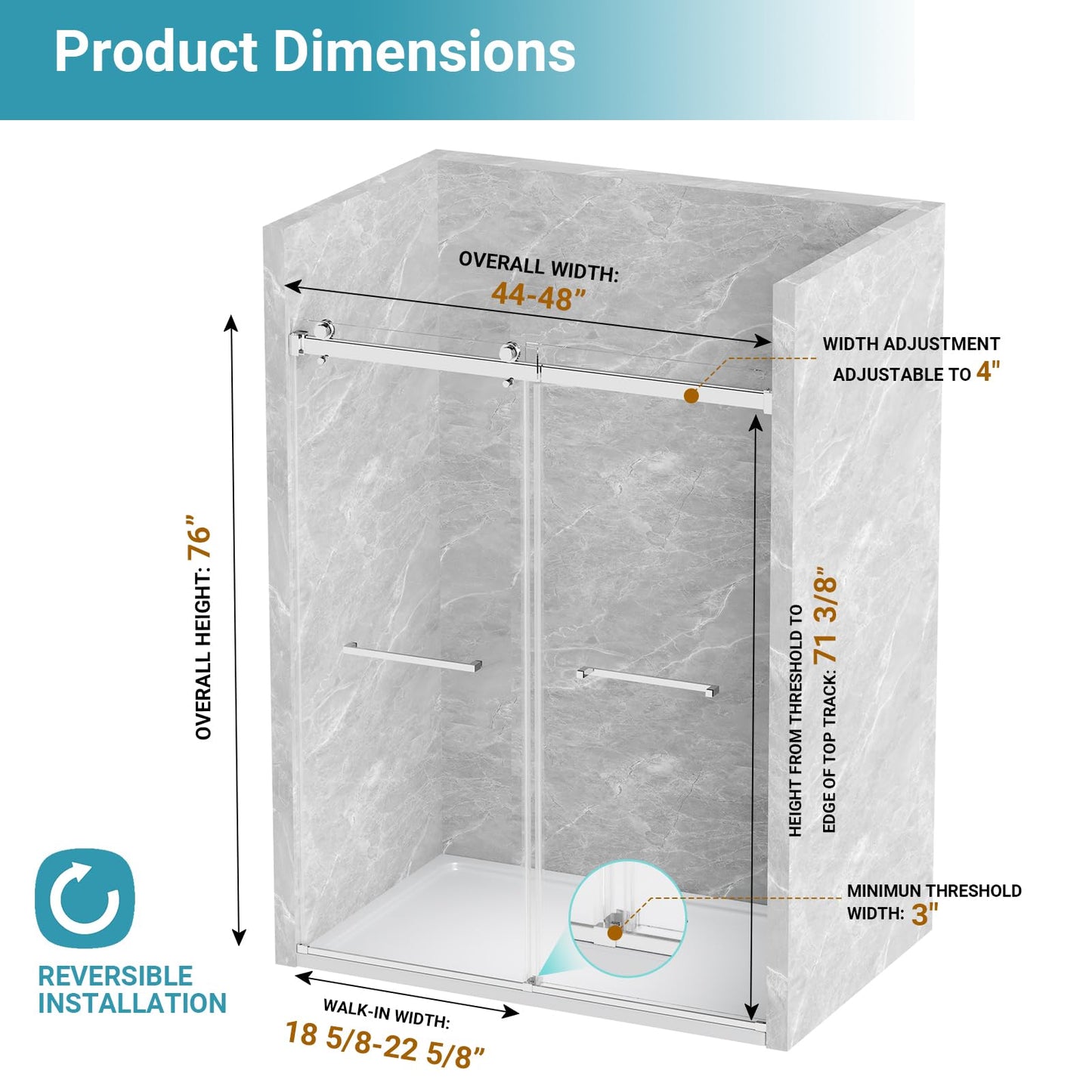 BATHWILLER 44"-48" W x 76" H Double Sliding Shower Door, 5/16" (8mm) Clear Tempered Glass Frameless Shower Door with Nano Easy Clean Coating, Stainless Steel Hardware, Chrome