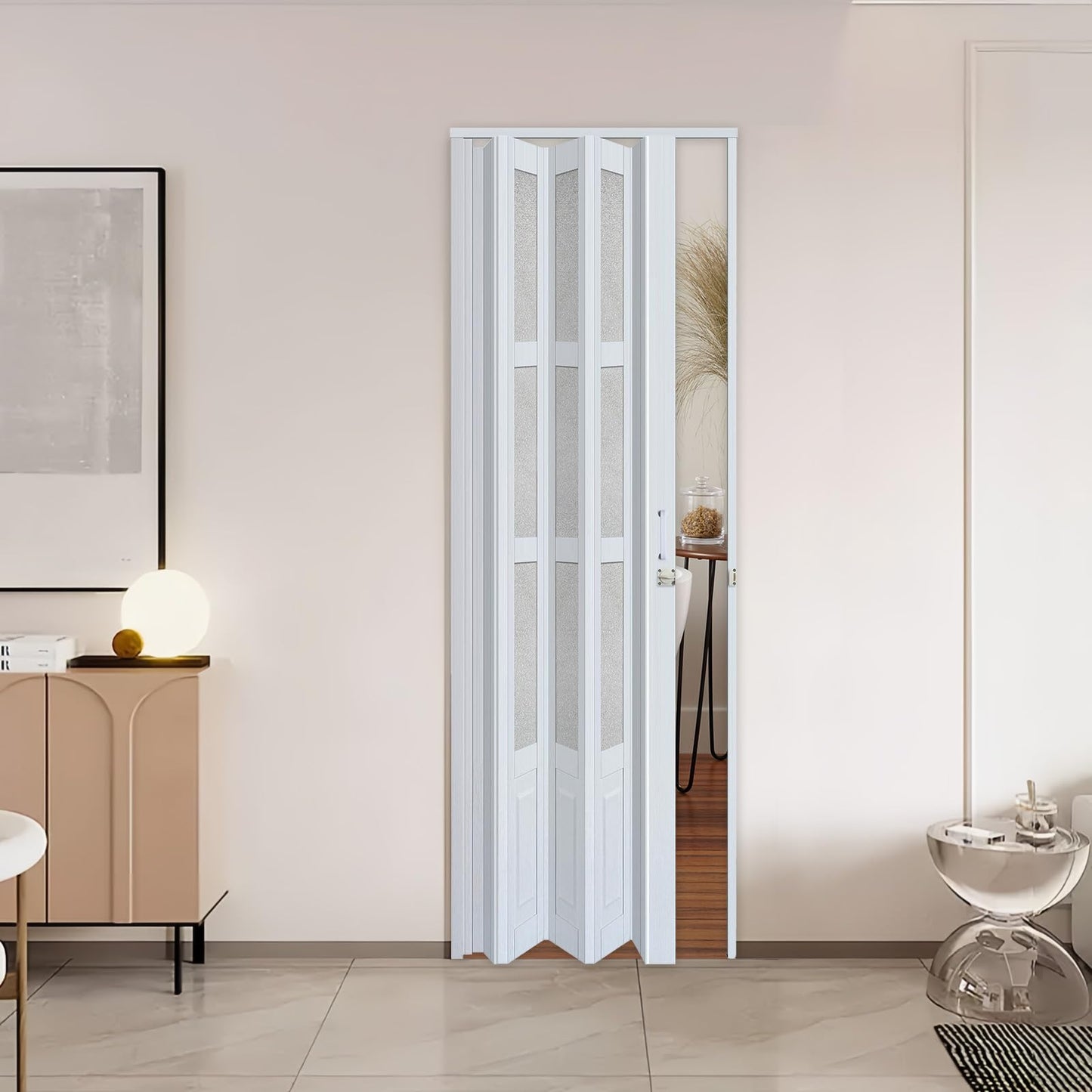 CCBOYSHARDWARE 38X80in Accordion Door Interior with Frosted Acrylic, PVC Folding Door with Lock & Handle, Double Magnetic Sliding Door for Closet, Pantry& Room Divider,Easy to Clean,Trimmable