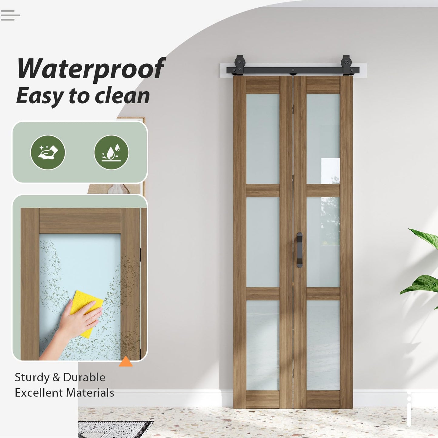 FREDBECK Bifold Barn Doors 30X84 (Double 15x84) with Frosted Glass and Hardware Kit Included, Brown,for Bedroom,Bathroom,Assembly Required