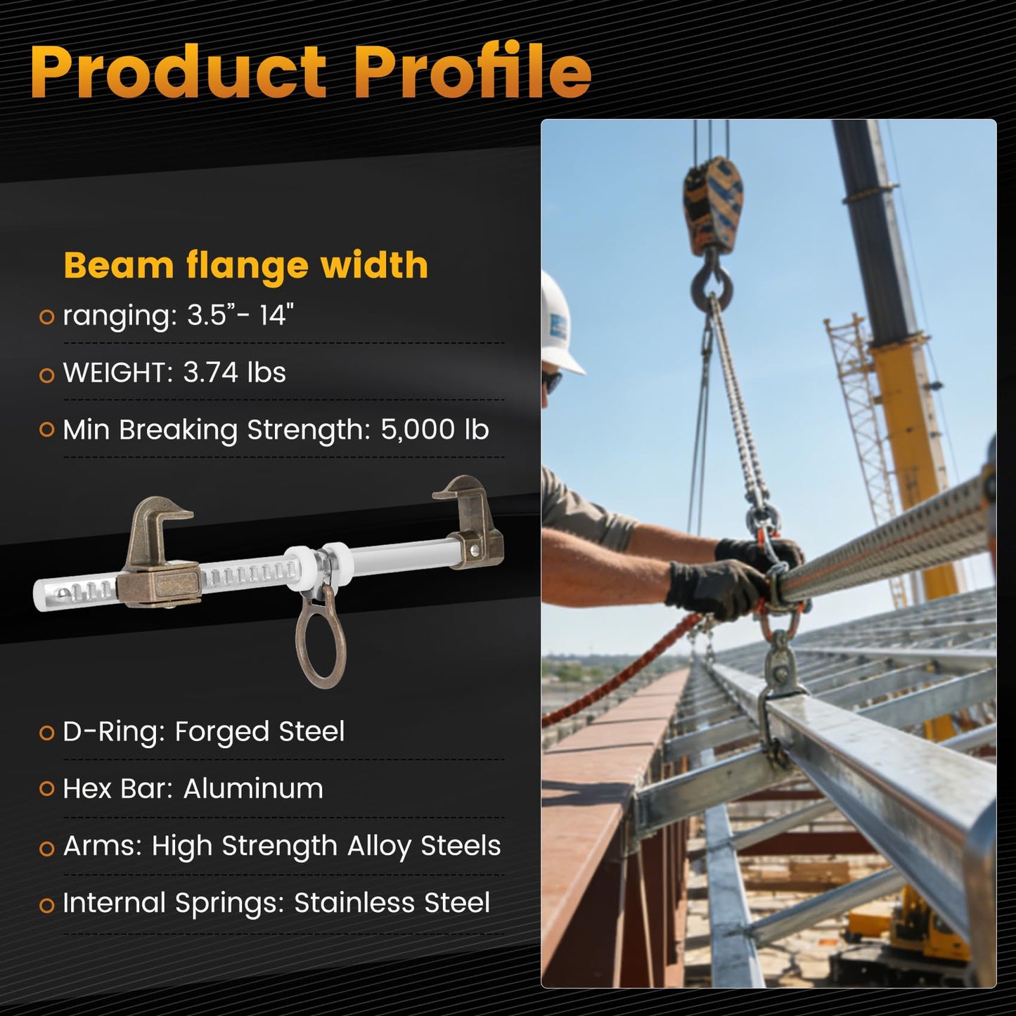 Aluminum Horizontal Sliding Beam Anchor, Fits 3.5 to 14 Inch Beams up to 1.25 Inches Thick, Adjustable to Fit I or H Fall Protection Beam Anchor,Meets or Exceeds ANSI & OSHA, Tool Free Installation