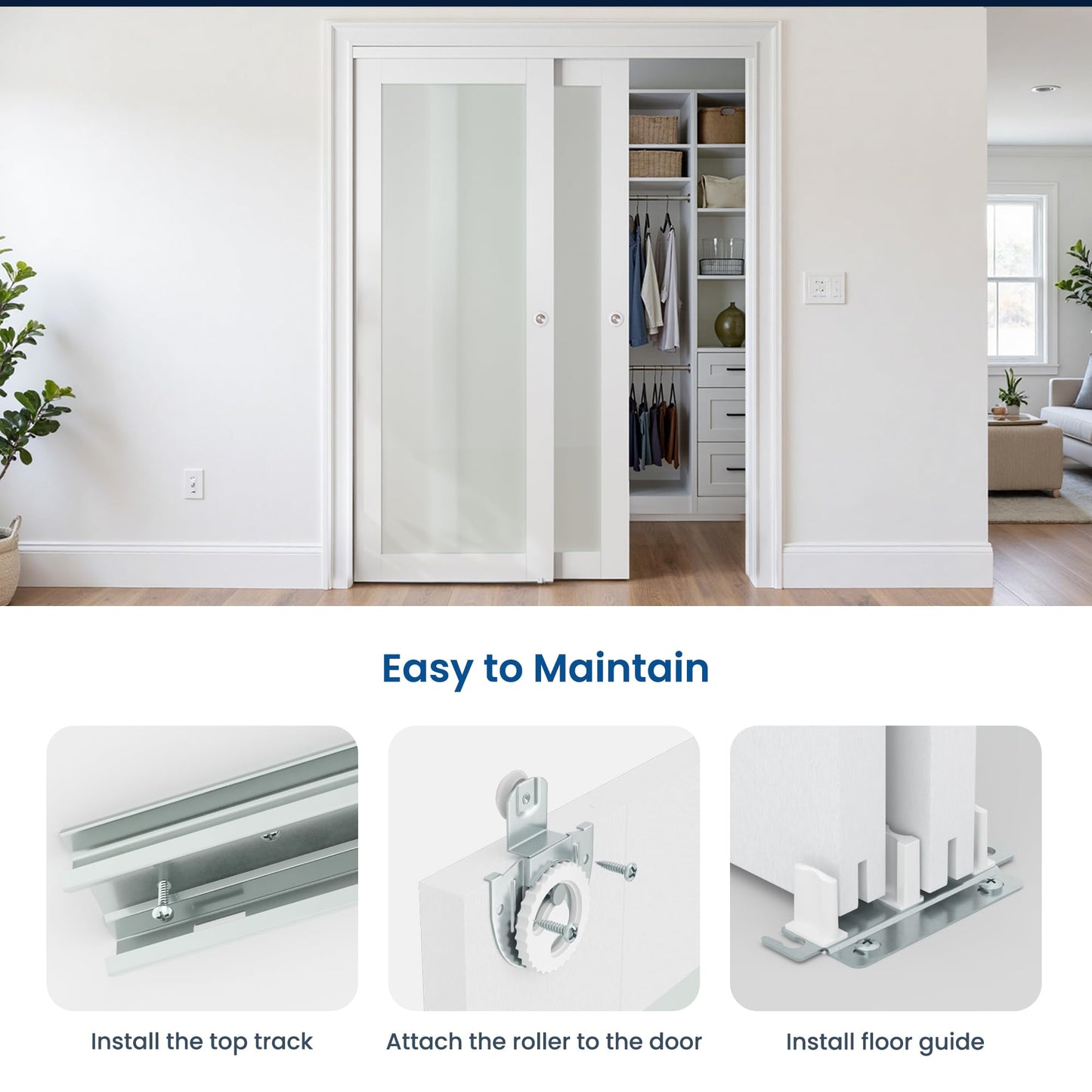 COSHOMER Sliding Closet Door for 96" x 80" Opening, 1-Lite Frosted Glass Closet Door with Hardware Kit Included, Preassembled MDF Barn Door, White